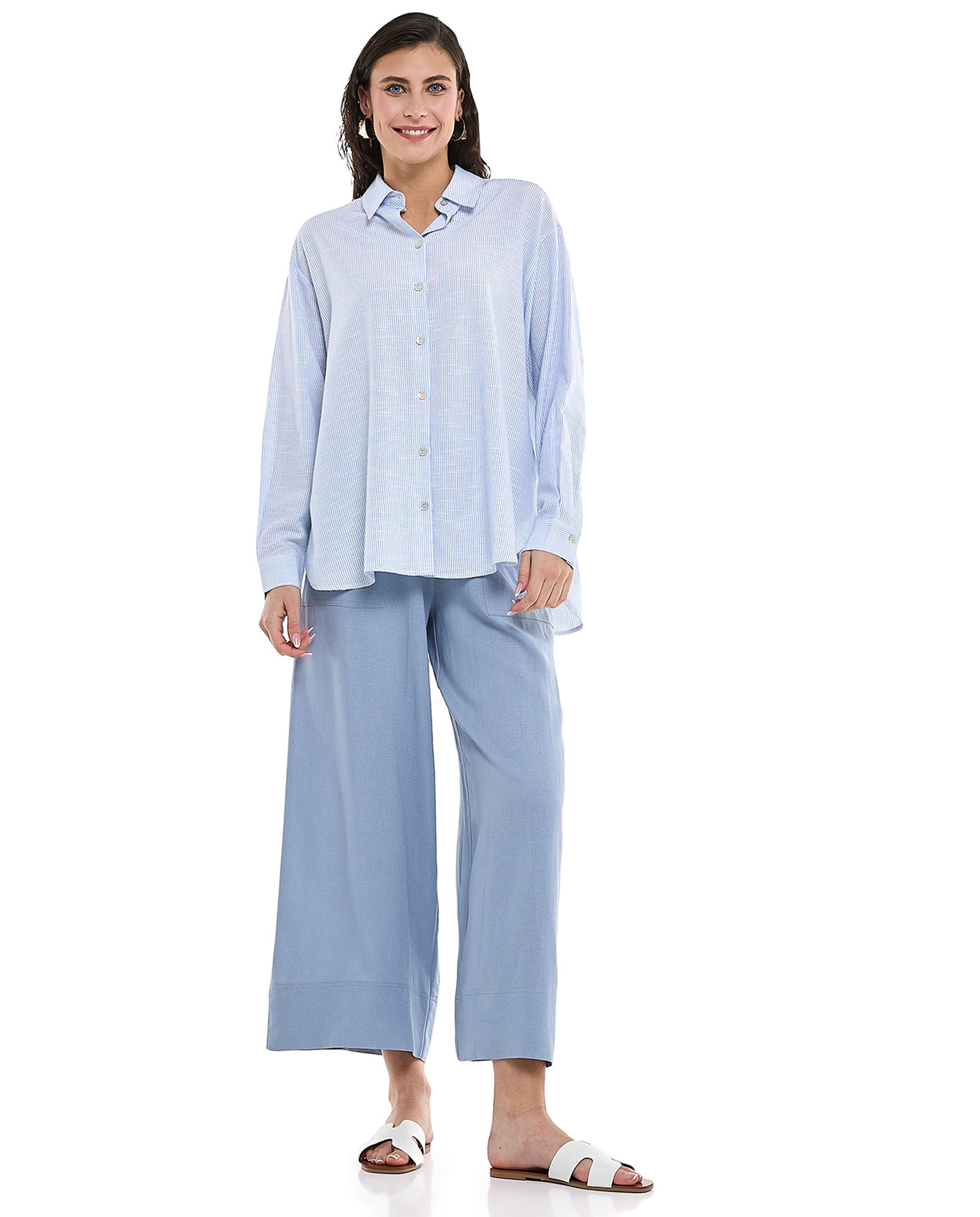 Striped Tunic with Classic Collar and Long Sleeves