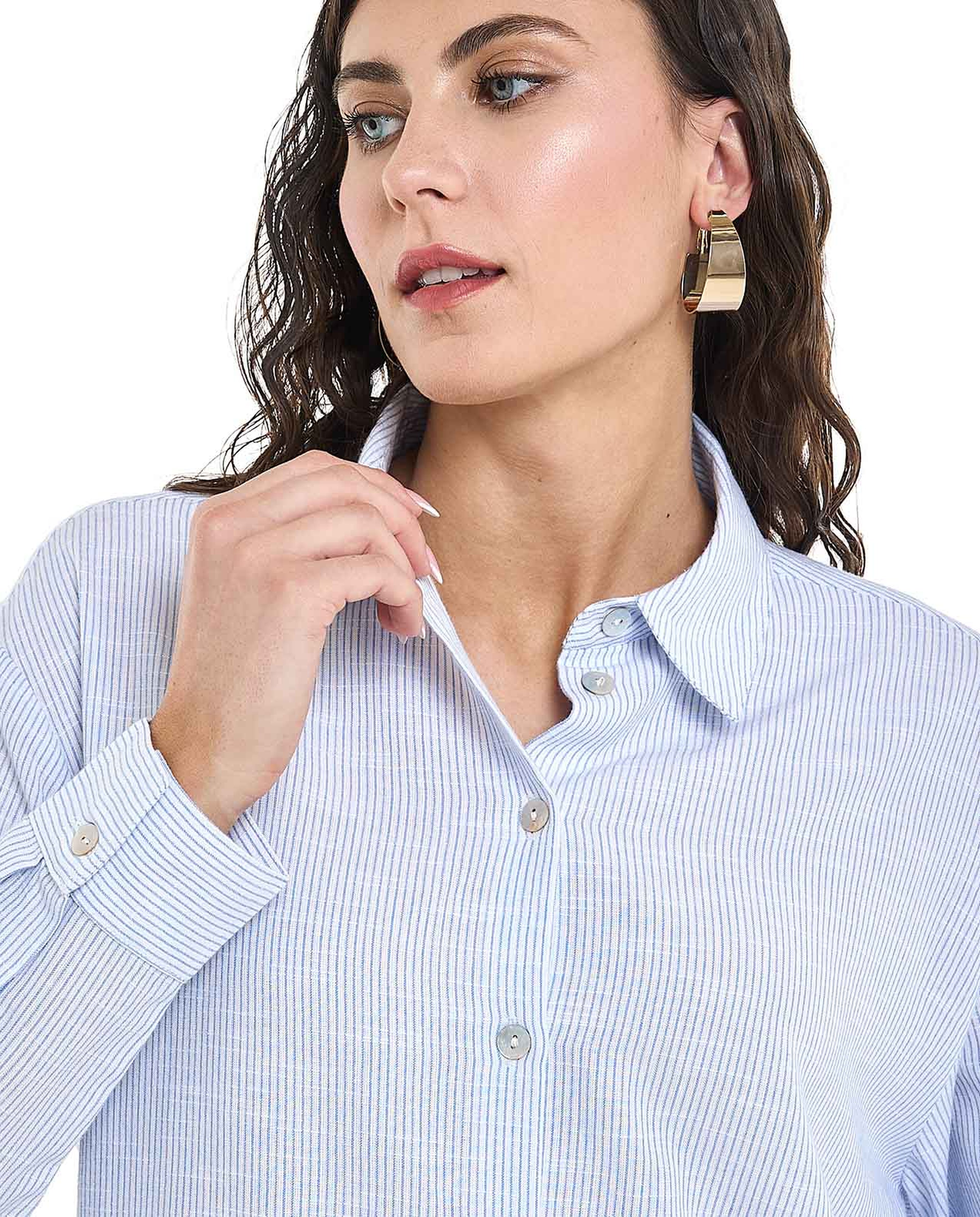 Striped Tunic with Classic Collar and Long Sleeves