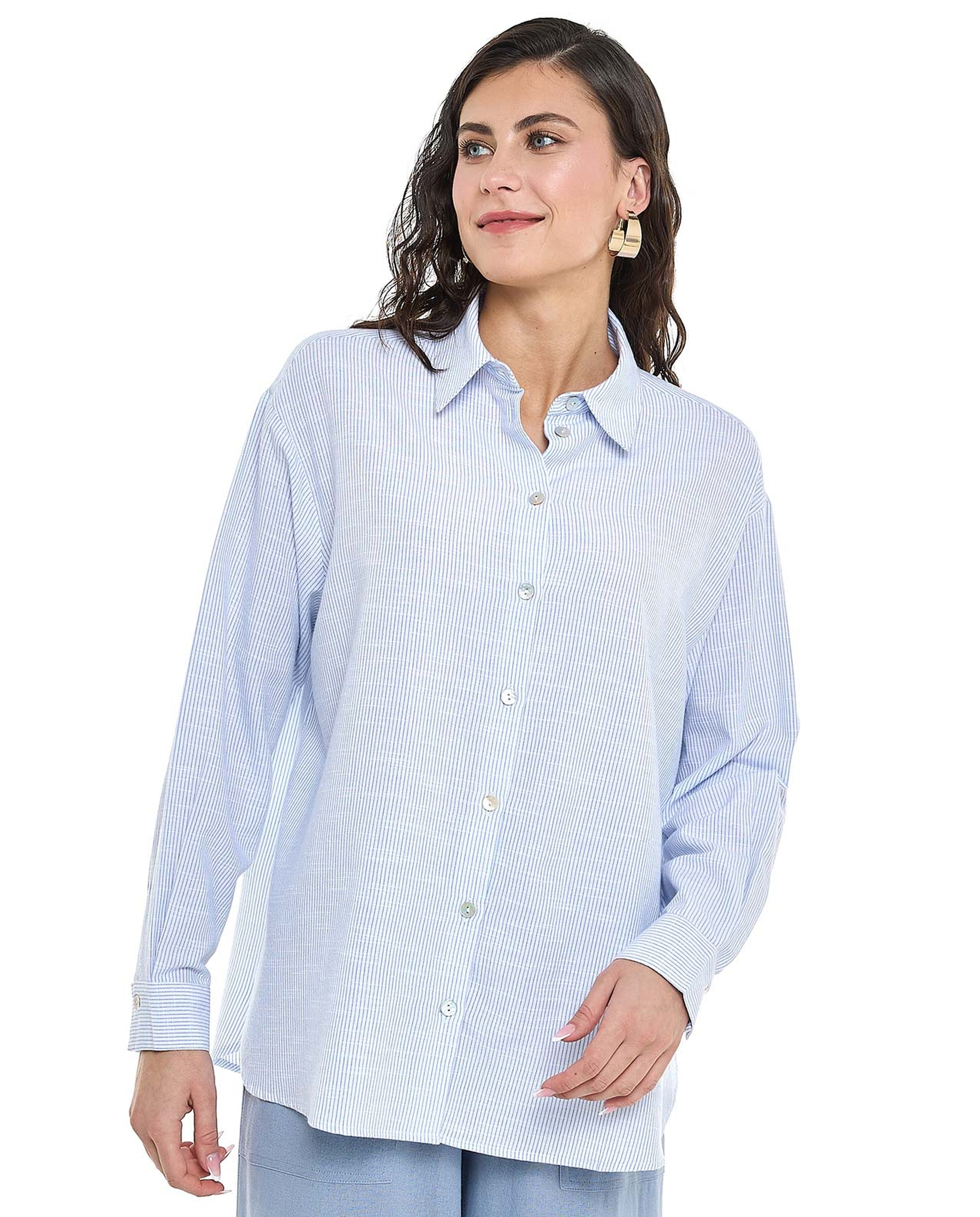 Striped Tunic with Classic Collar and Long Sleeves