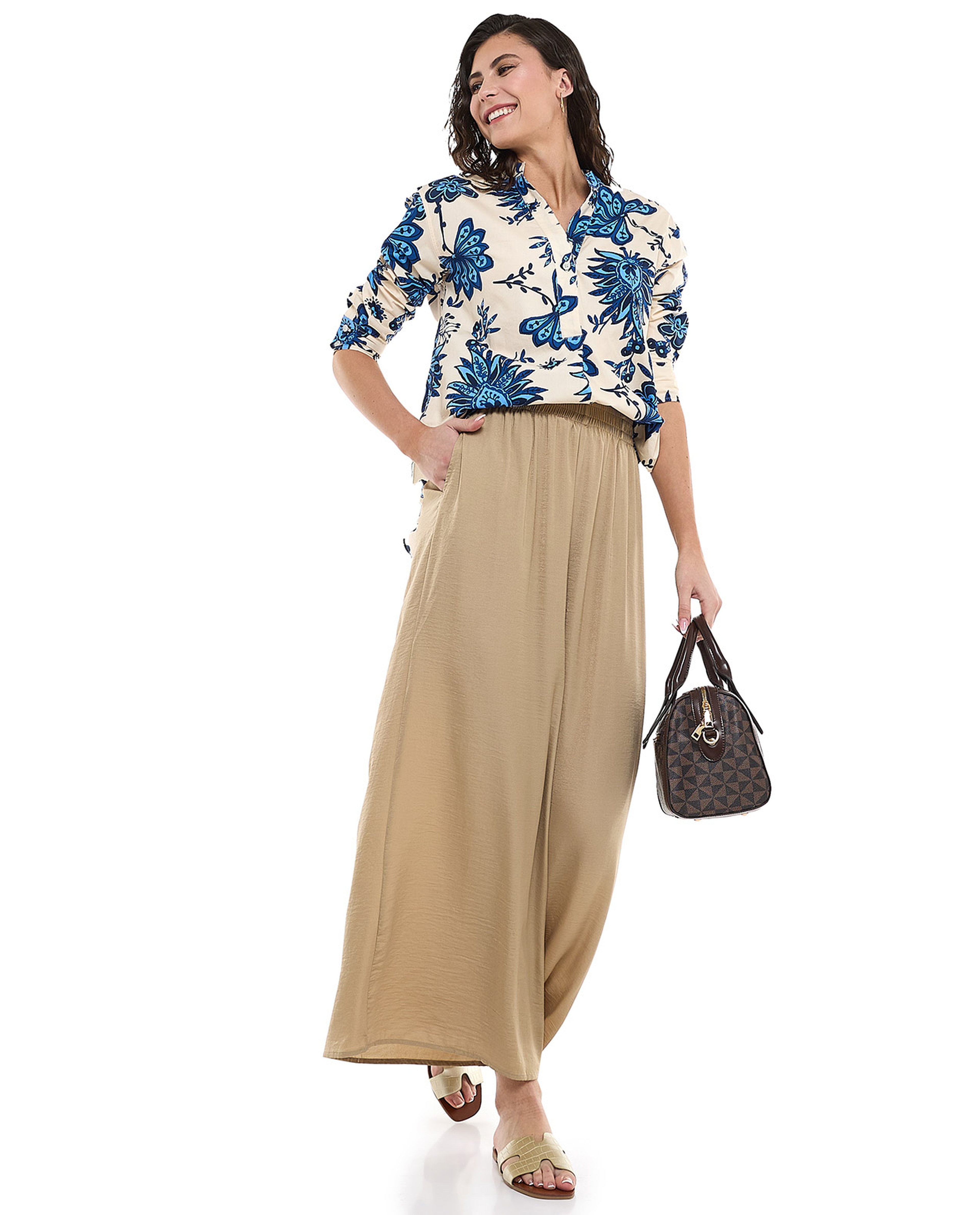 Crinkled Wide Leg Pants with Elastic Waist