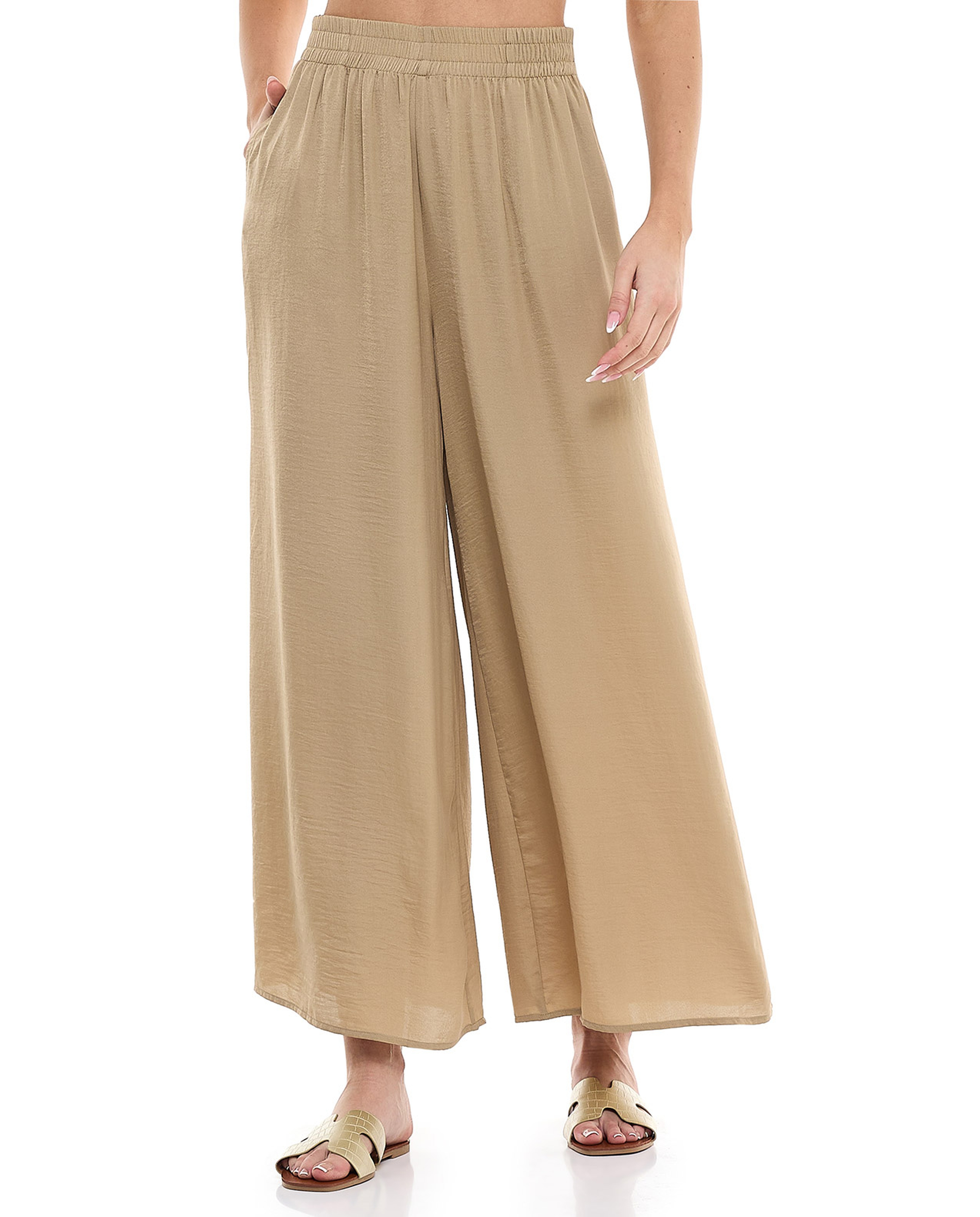 Crinkled Wide Leg Pants with Elastic Waist