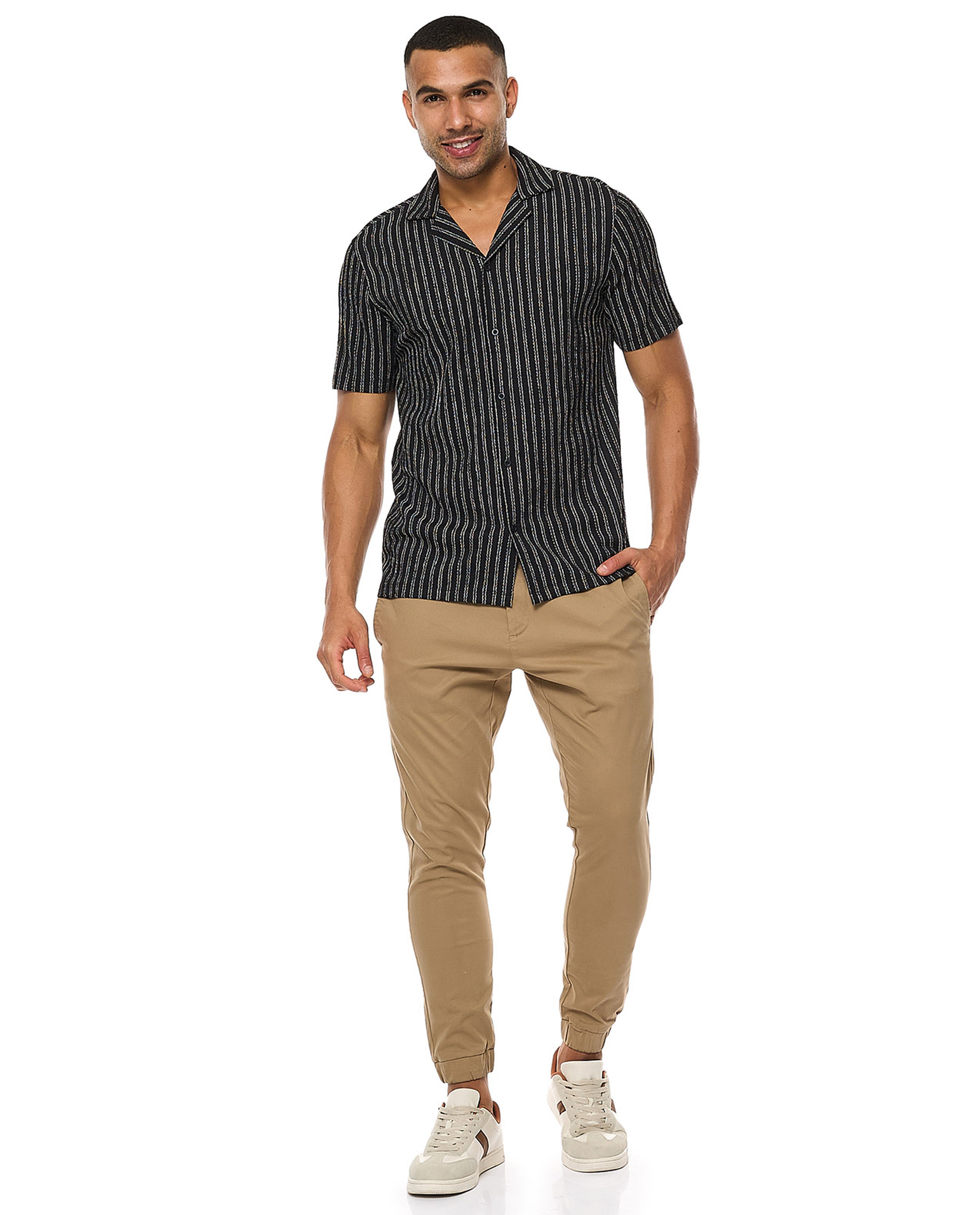 Striped Shirt with Revere Collar and Short Sleeves