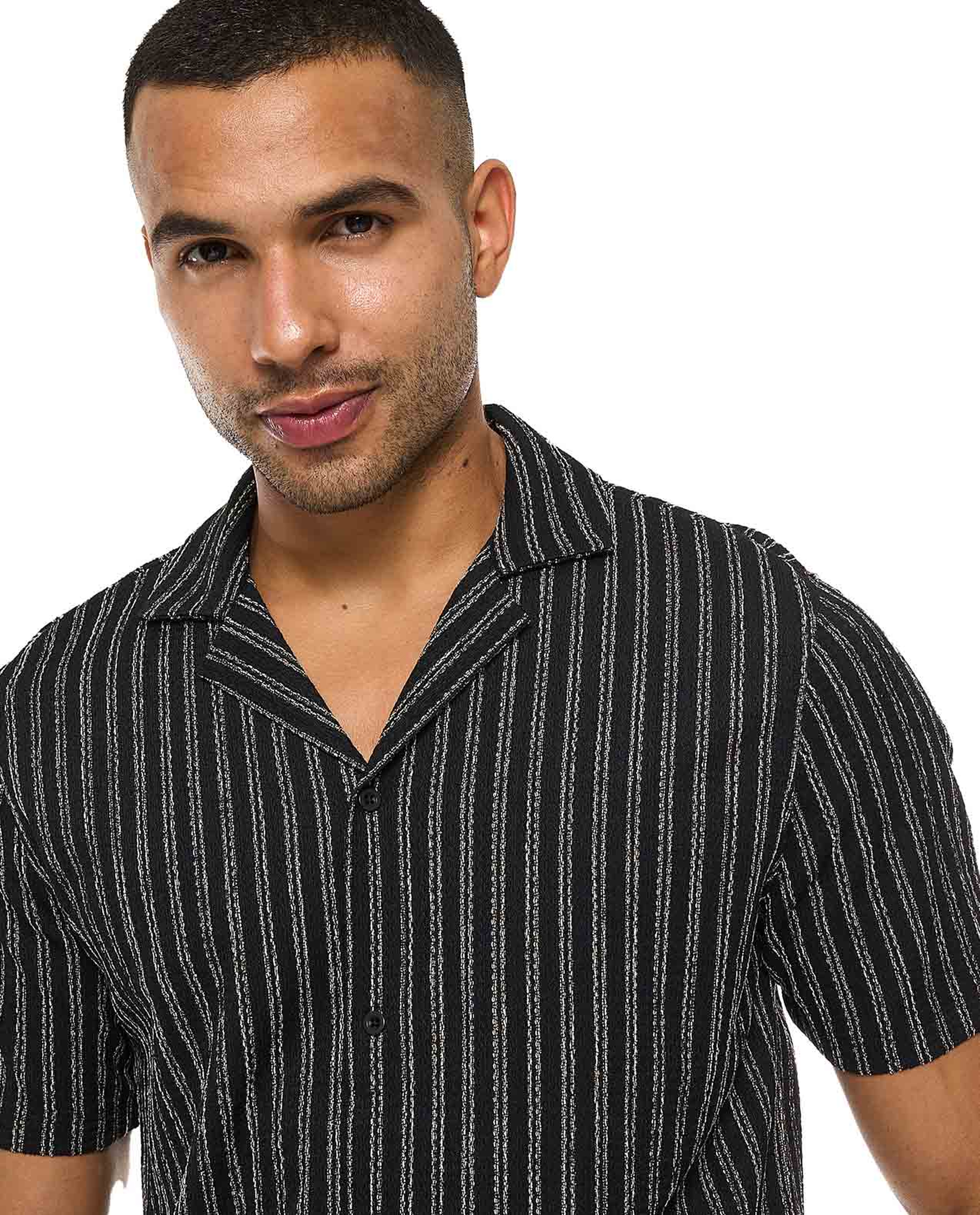 Striped Shirt with Revere Collar and Short Sleeves