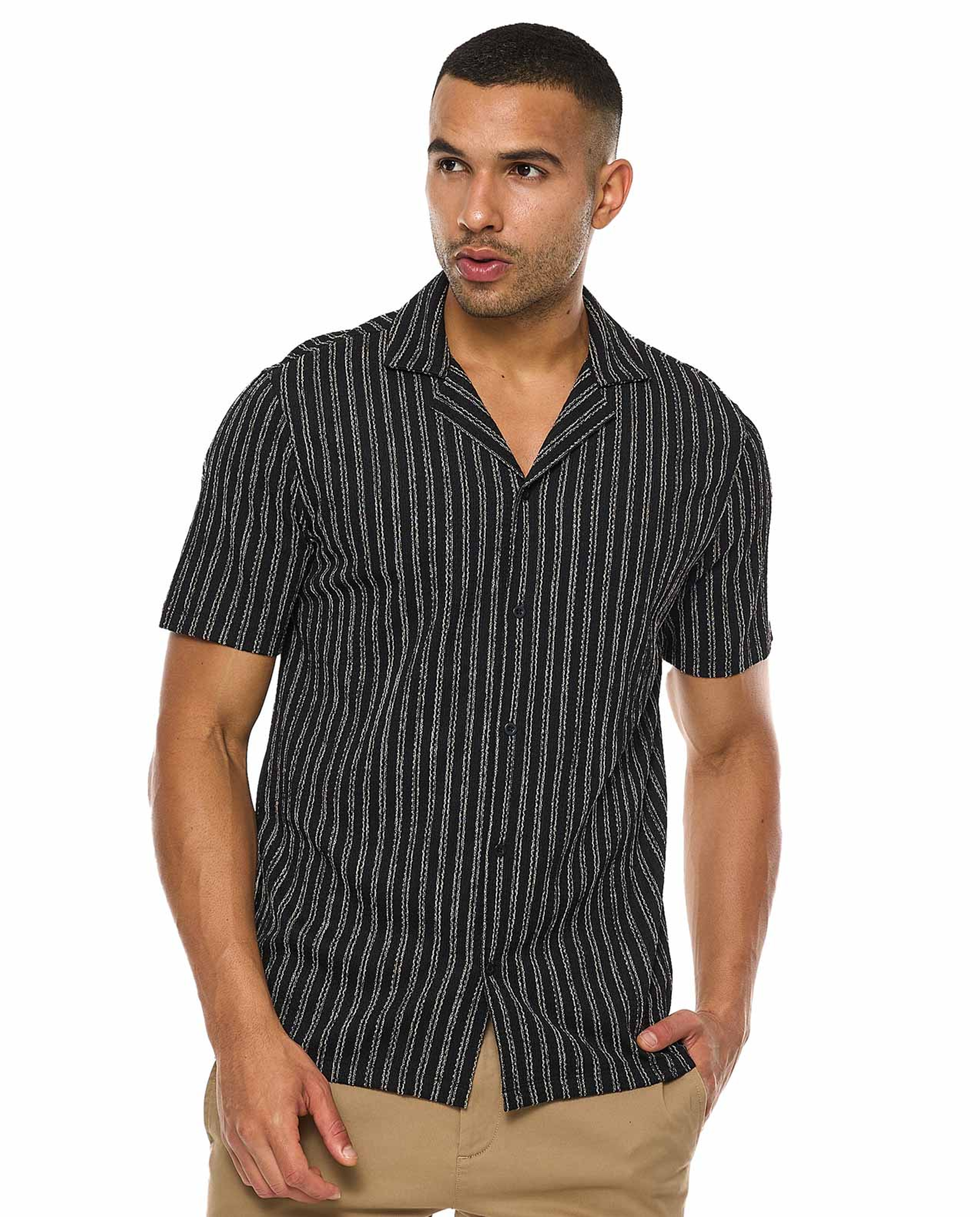 Striped Shirt with Revere Collar and Short Sleeves