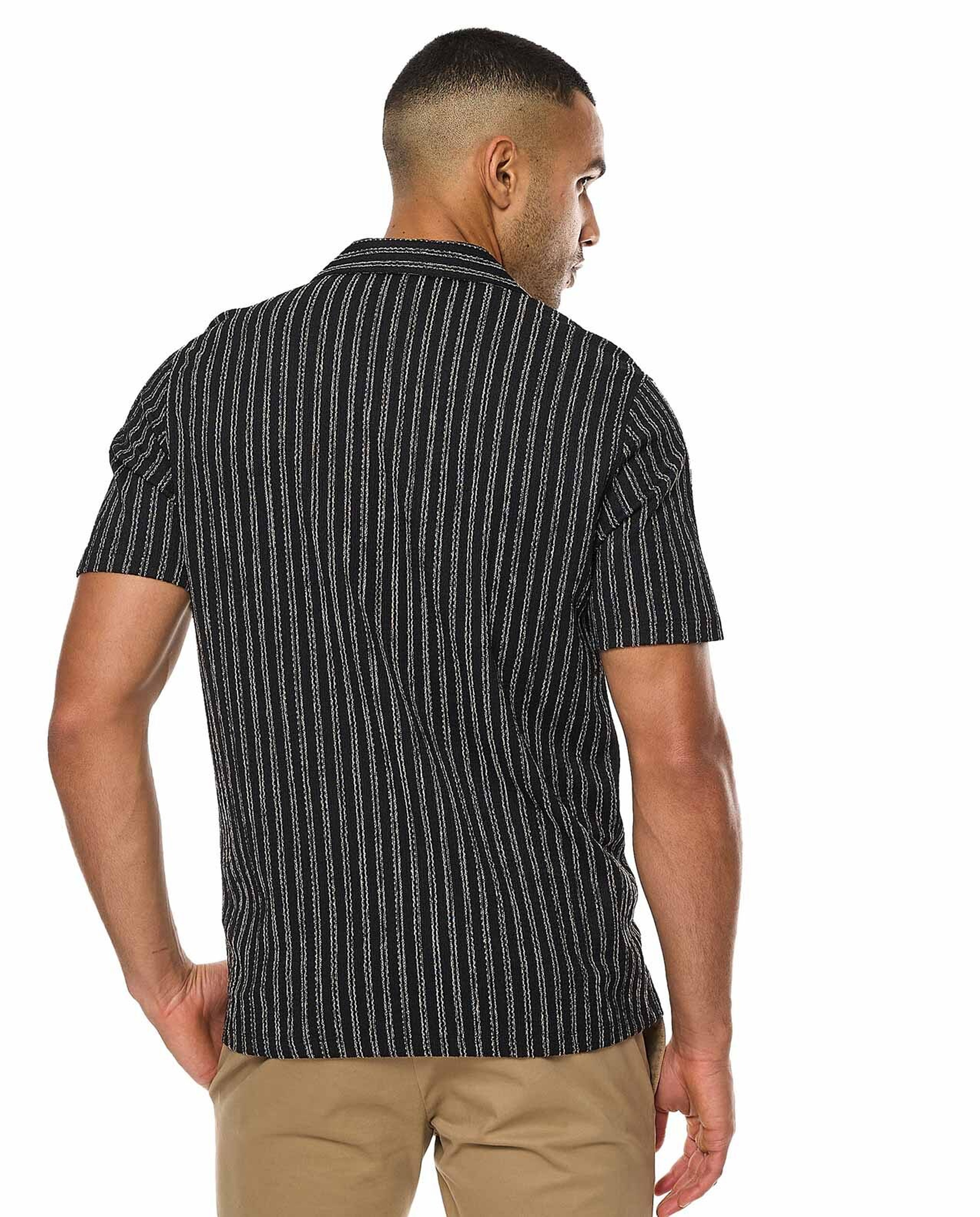 Striped Shirt with Revere Collar and Short Sleeves