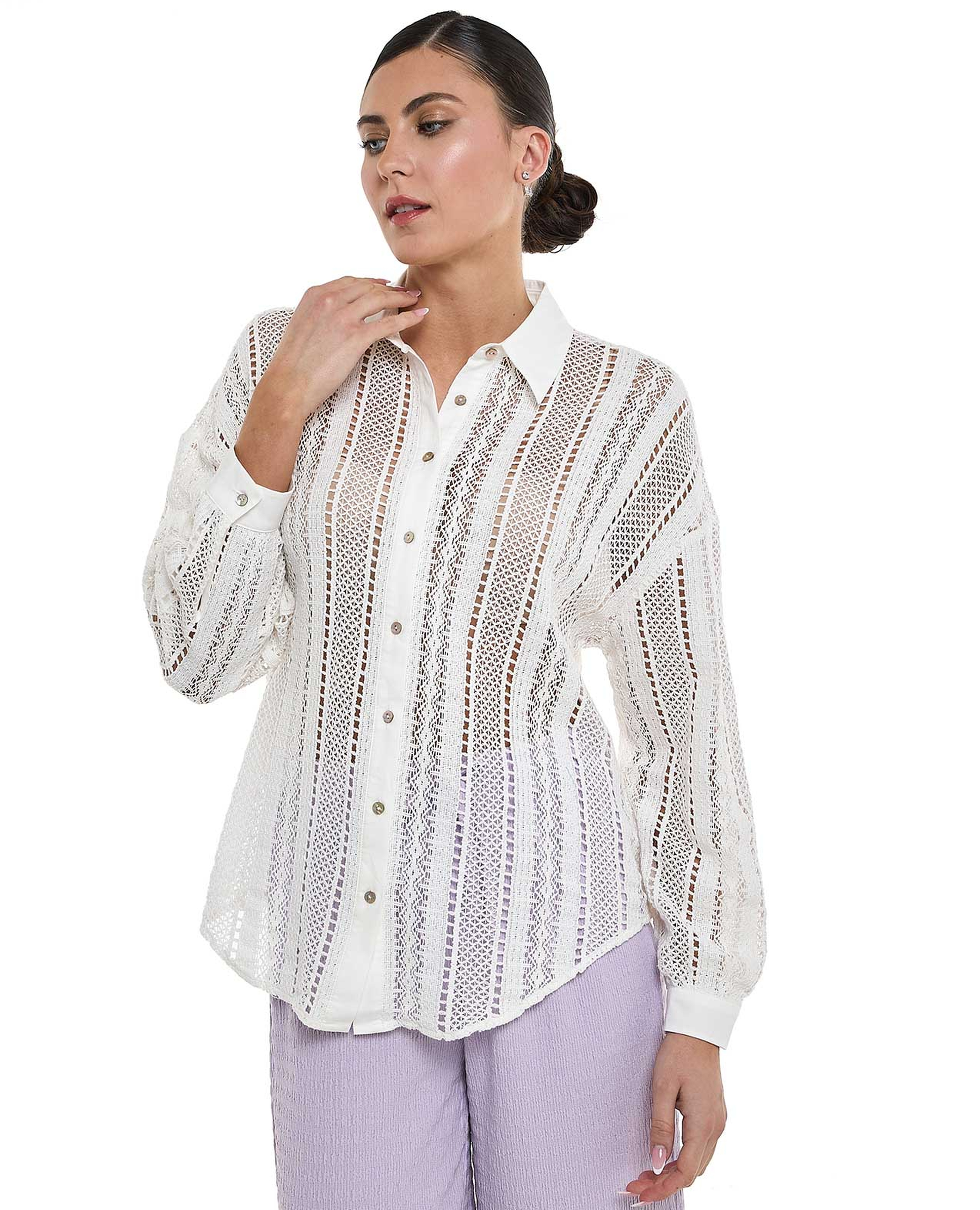 Openwork Shirt with Classic Collar and Long Sleeves