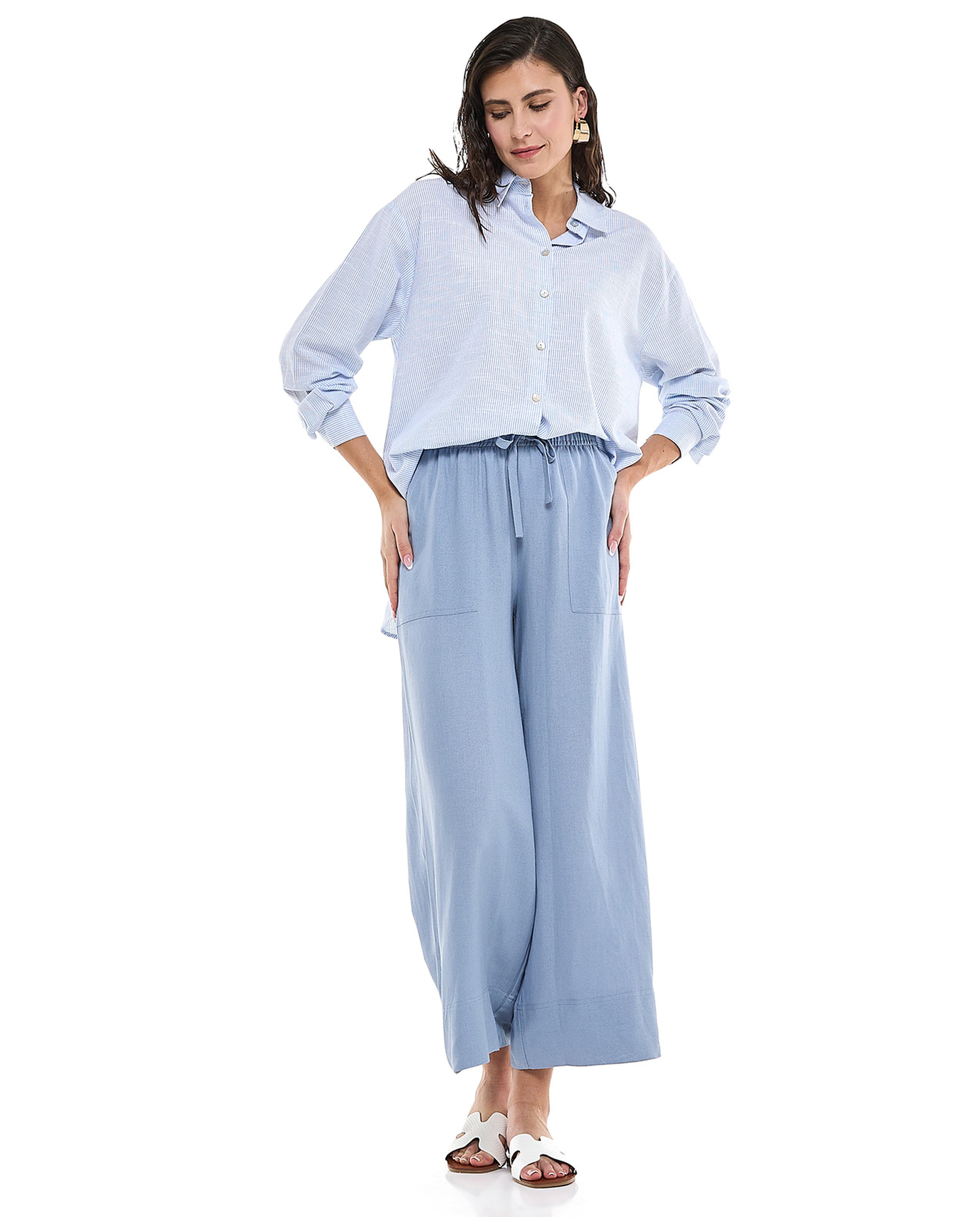Solid Wide Leg Pants with Drawstring Waist