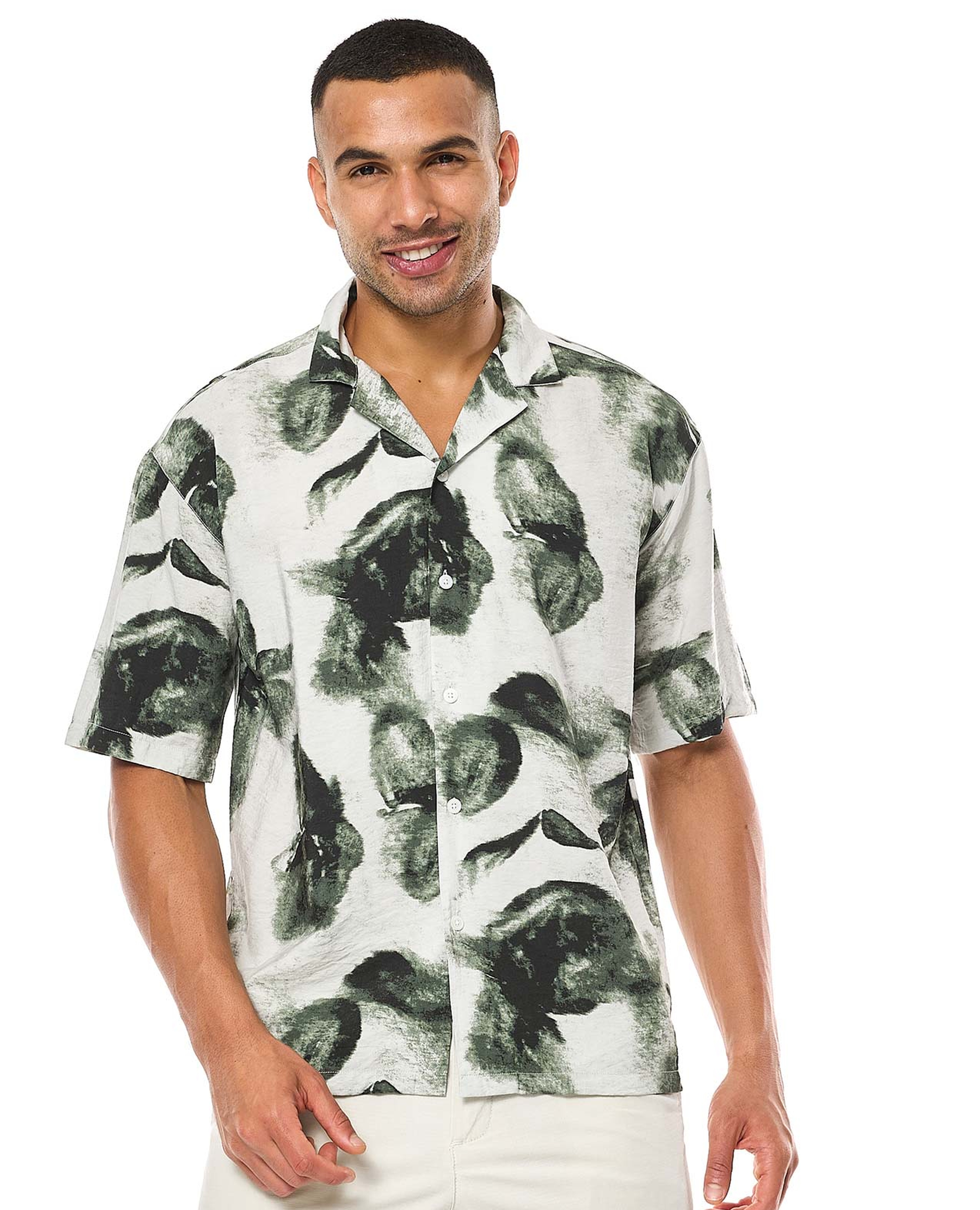 Printed Shirt with Revere Collar and Short Sleeves