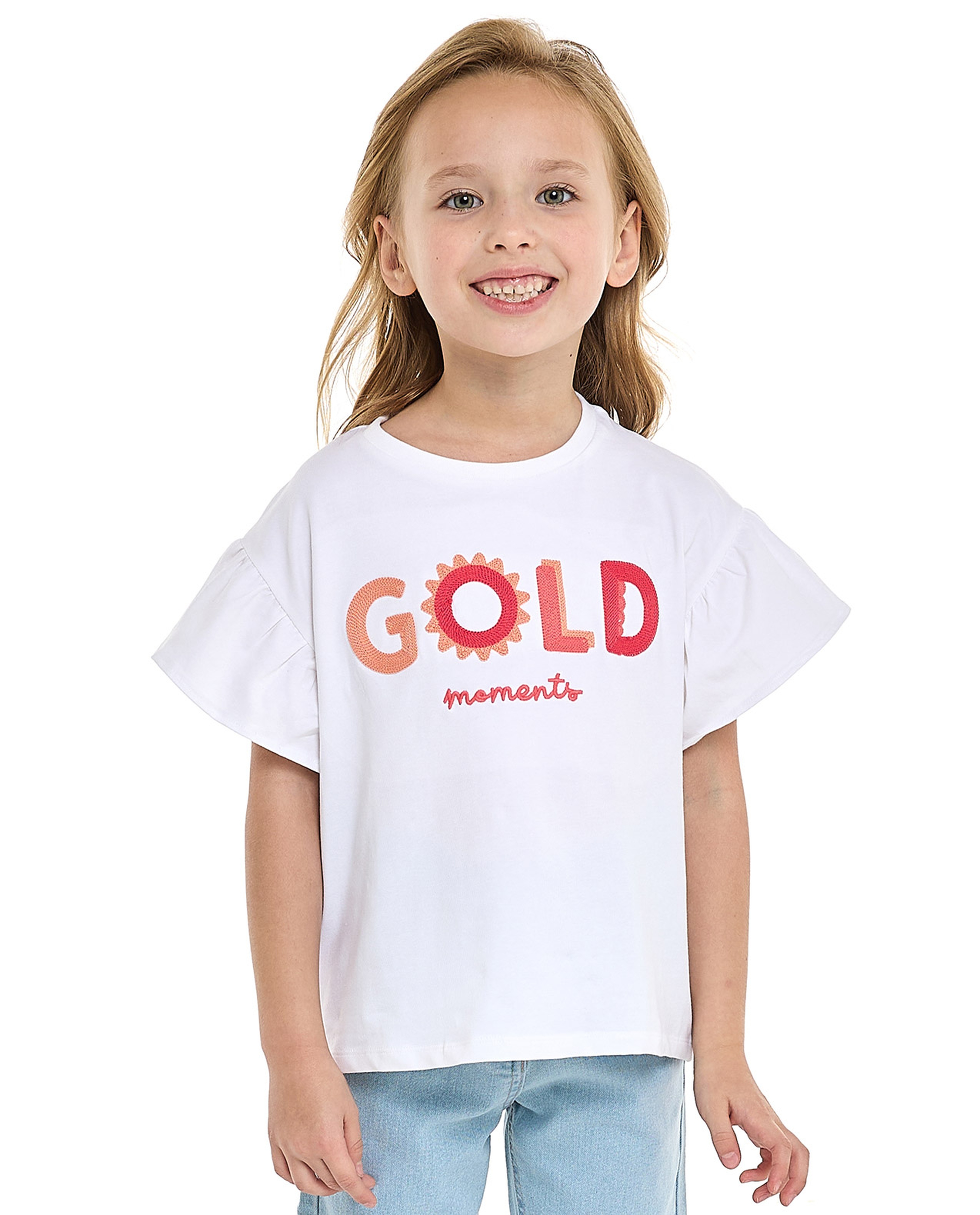 Printed Top with Crew Neck and Flutter Sleeves