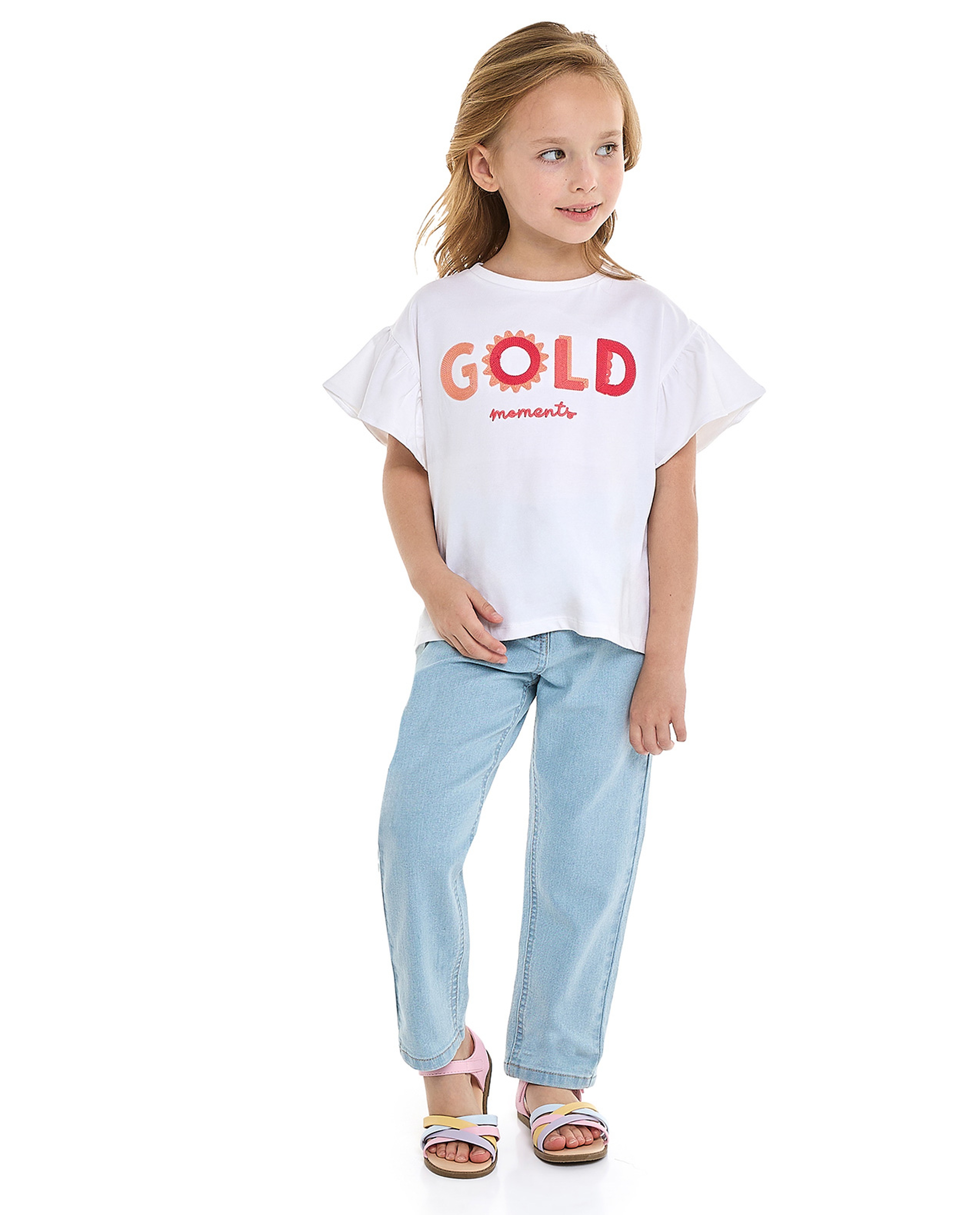 Printed Top with Crew Neck and Flutter Sleeves