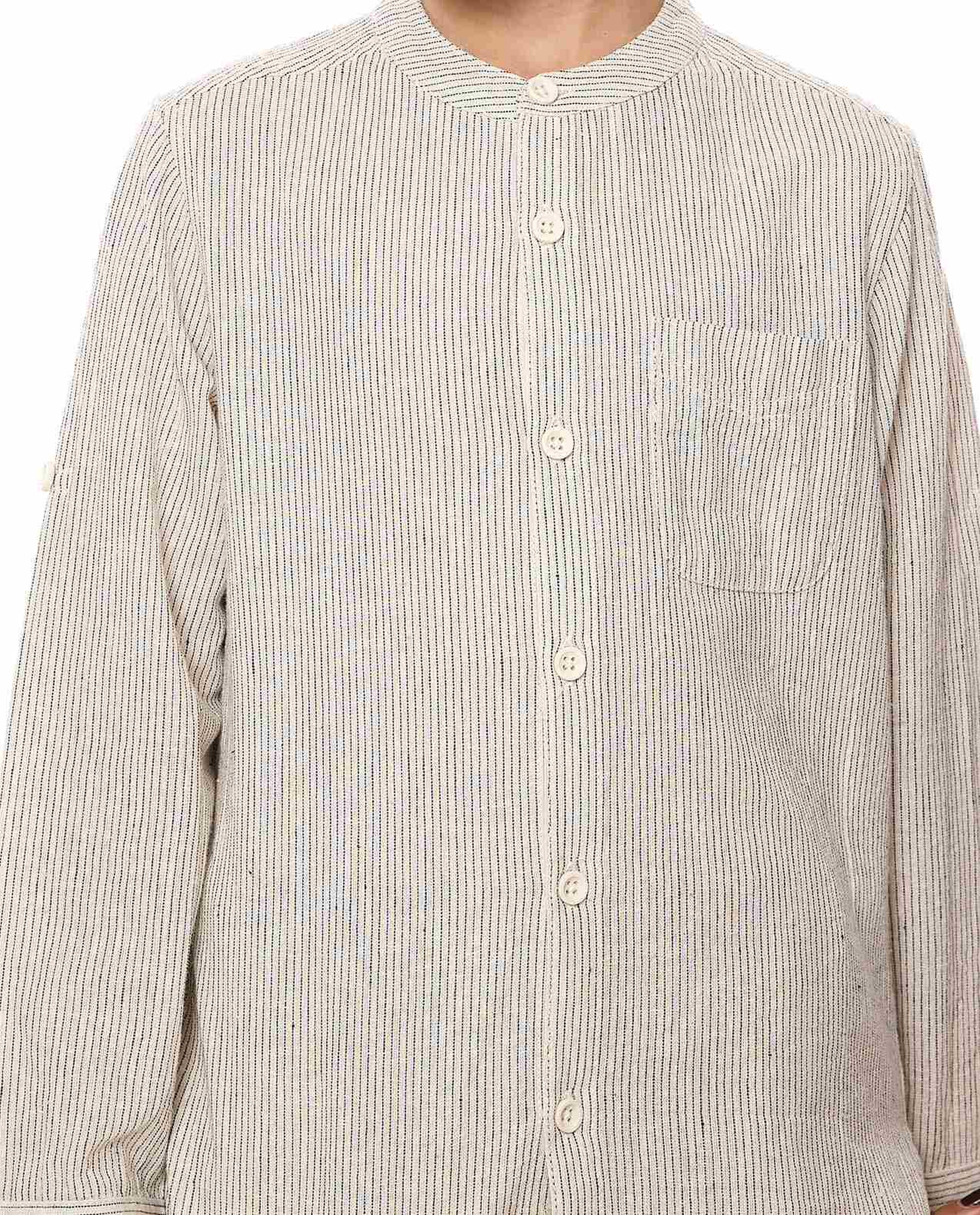 Striped Shirt with Mandarin Collar and Long Sleeves