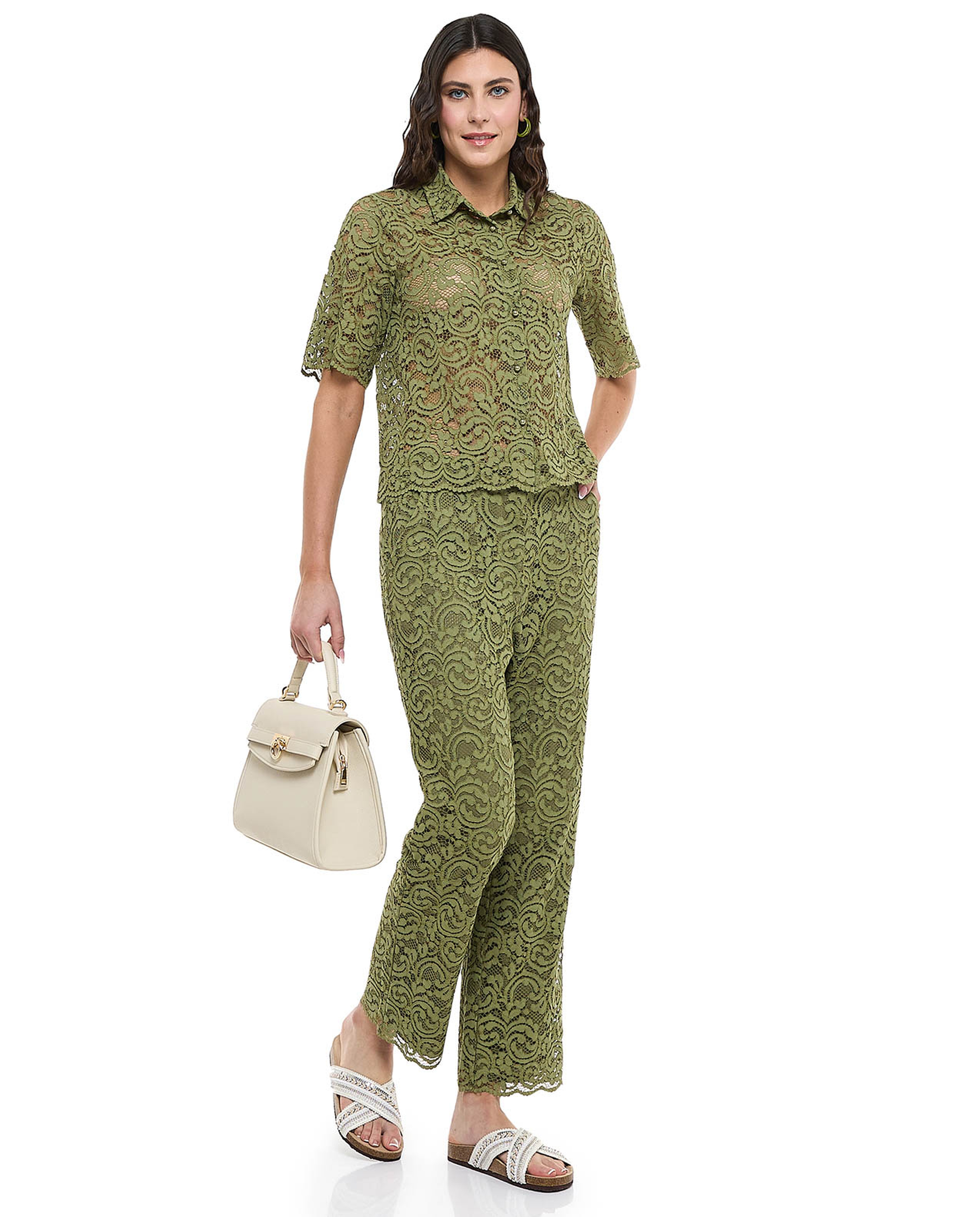 Lace Shirt with Classic Collar and Short Sleeves