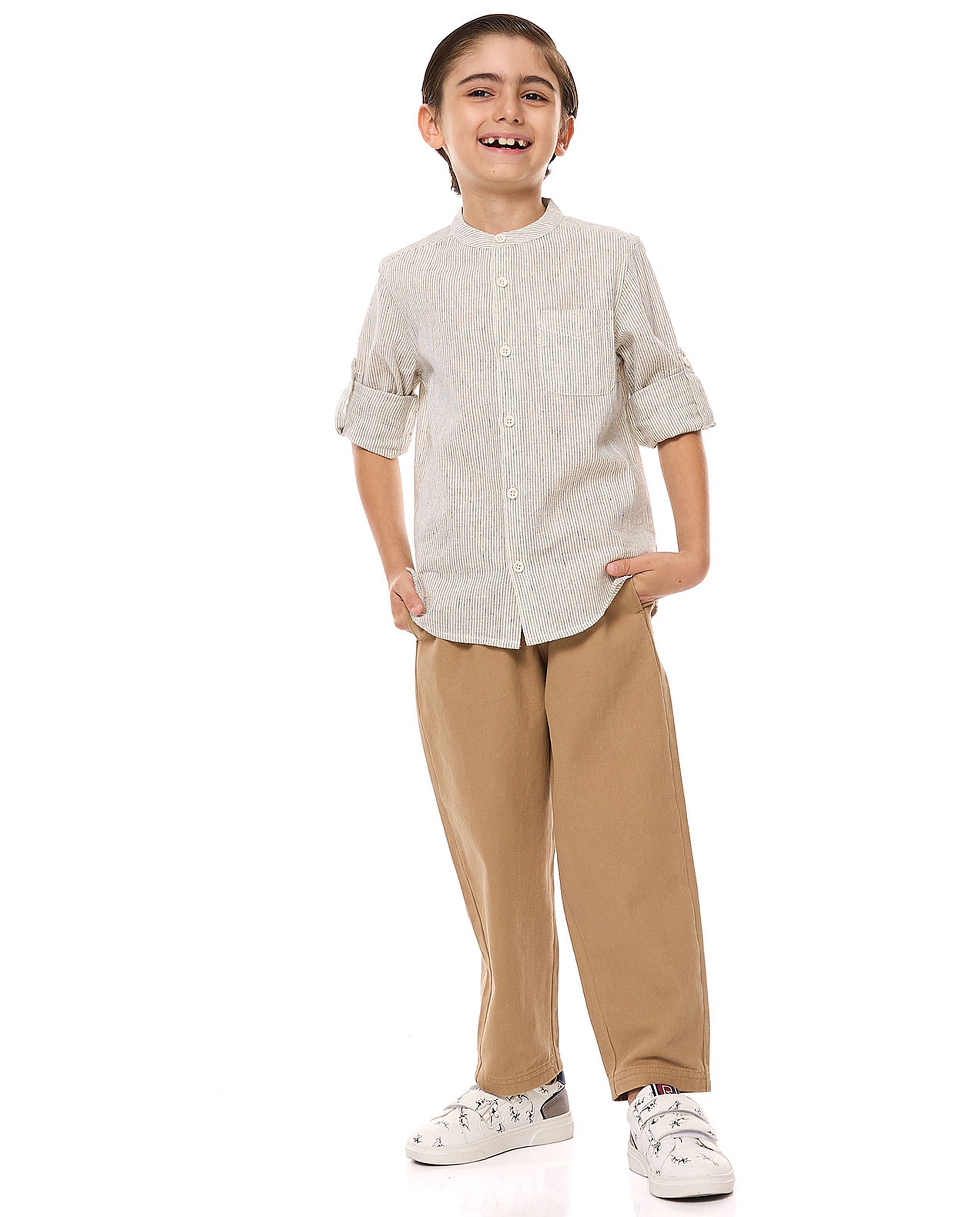 Striped Shirt with Mandarin Collar and Long Sleeves