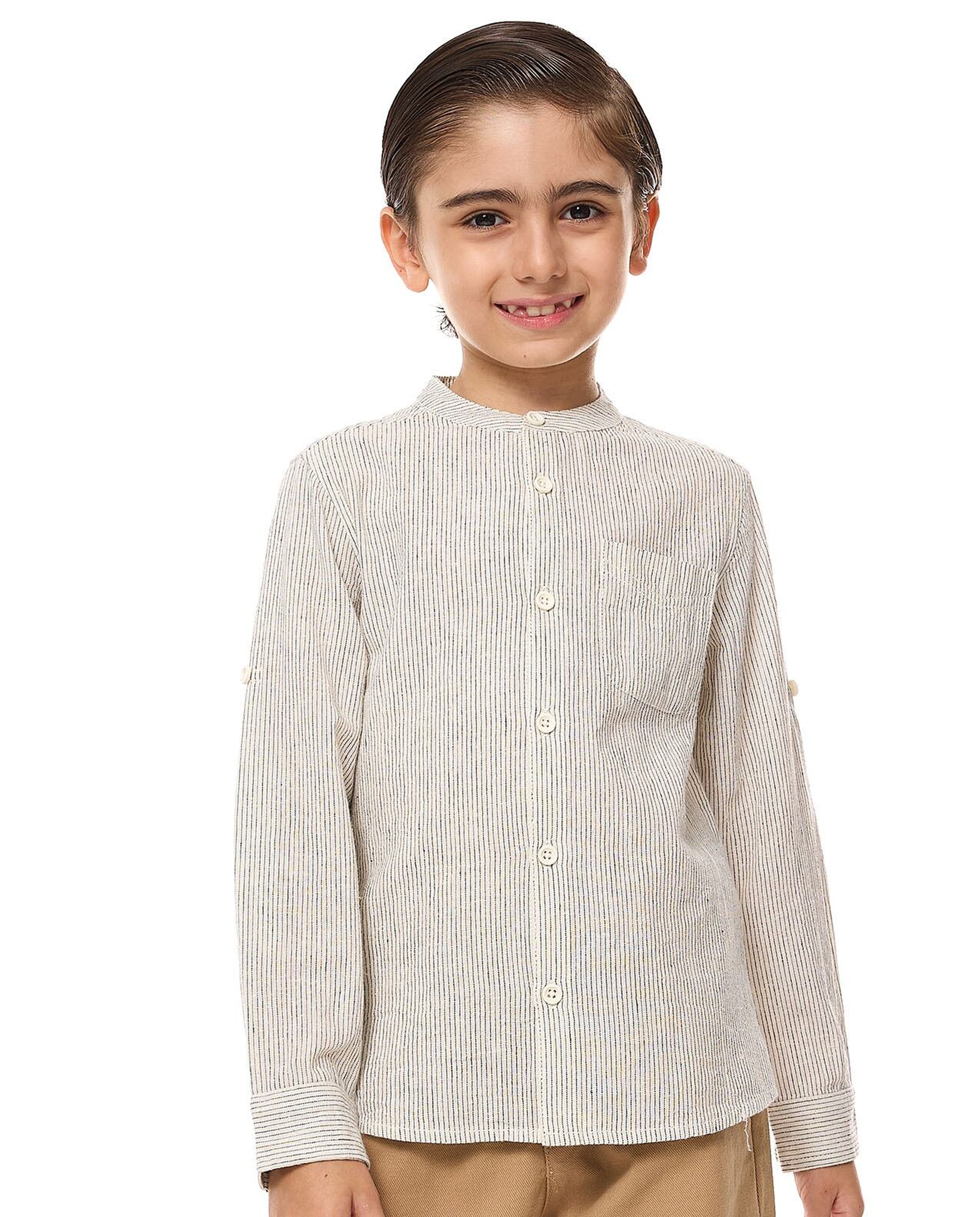 Striped Shirt with Mandarin Collar and Long Sleeves