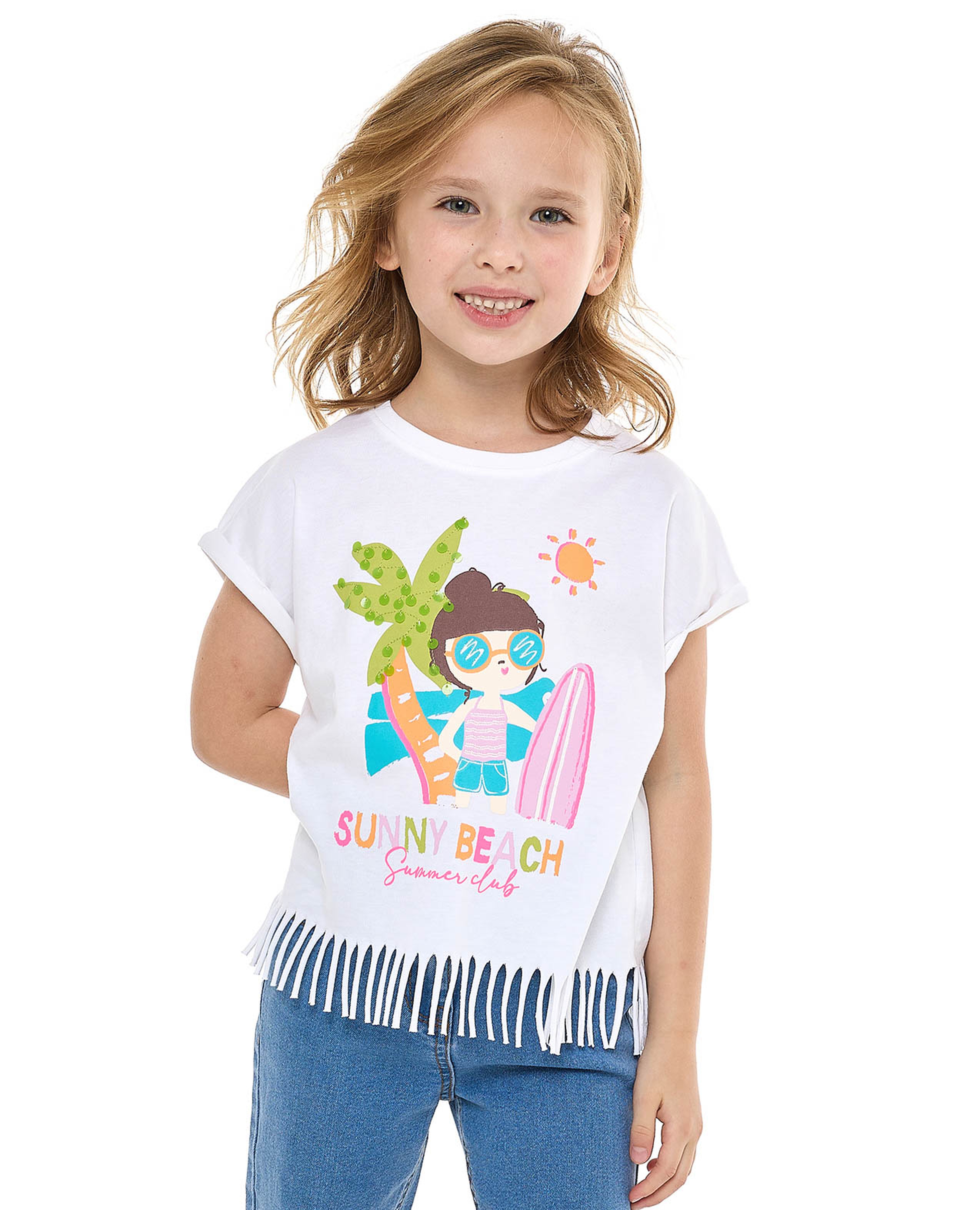 Printed Fringed T-Shirt with Crew Neck and Short Sleeves