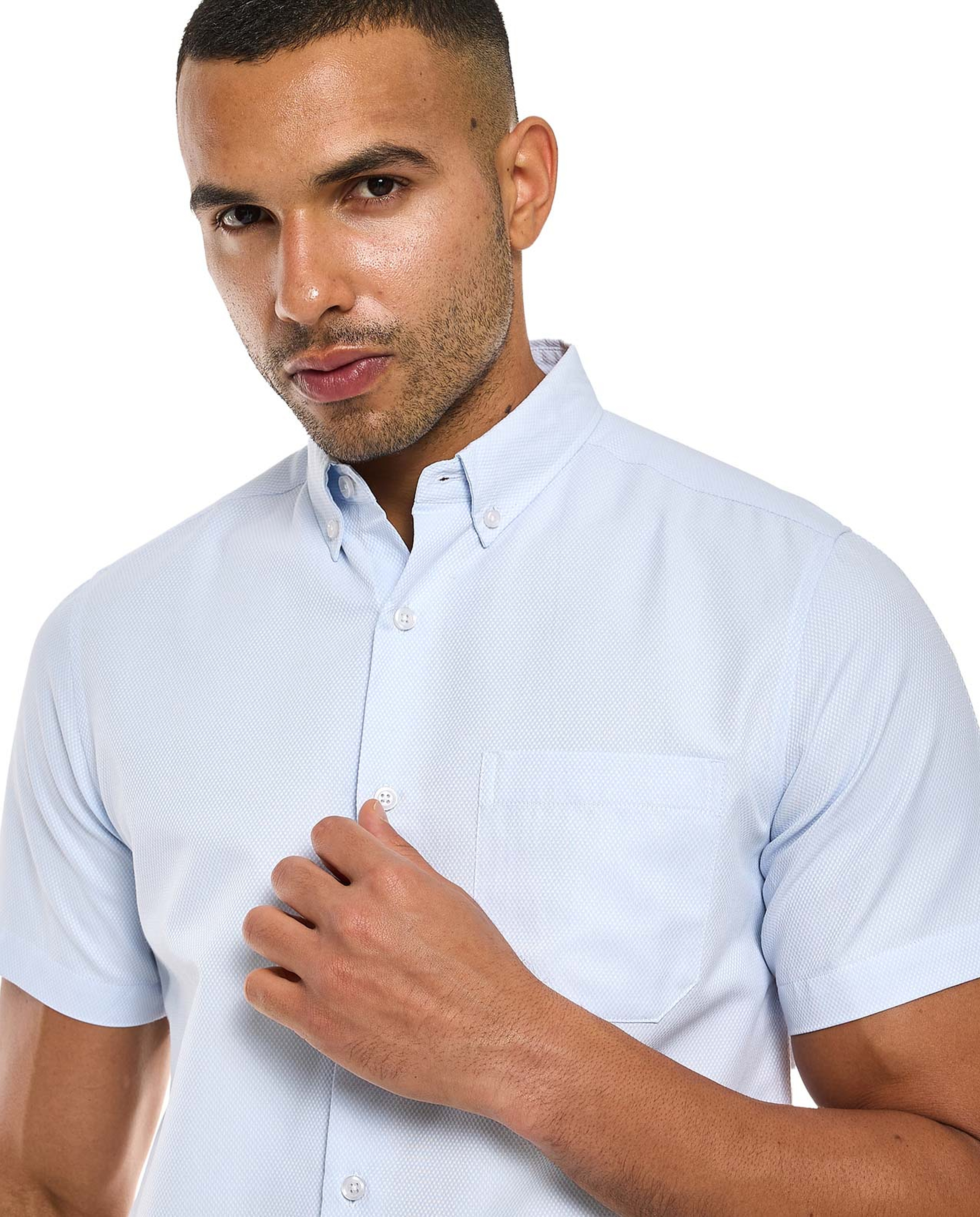 Textured Shirt with Button-Down Collar and Short Sleeves