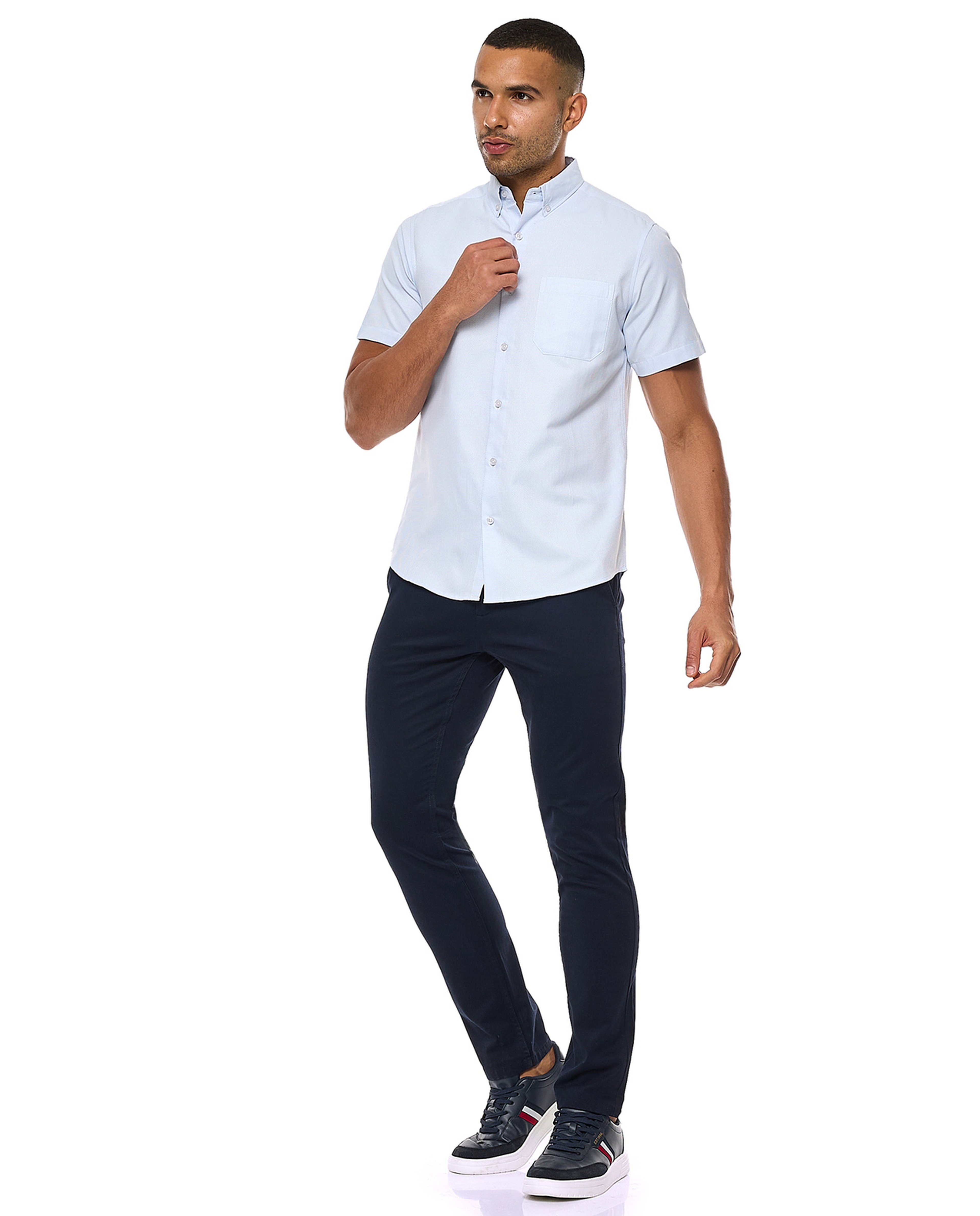 Textured Shirt with Button-Down Collar and Short Sleeves