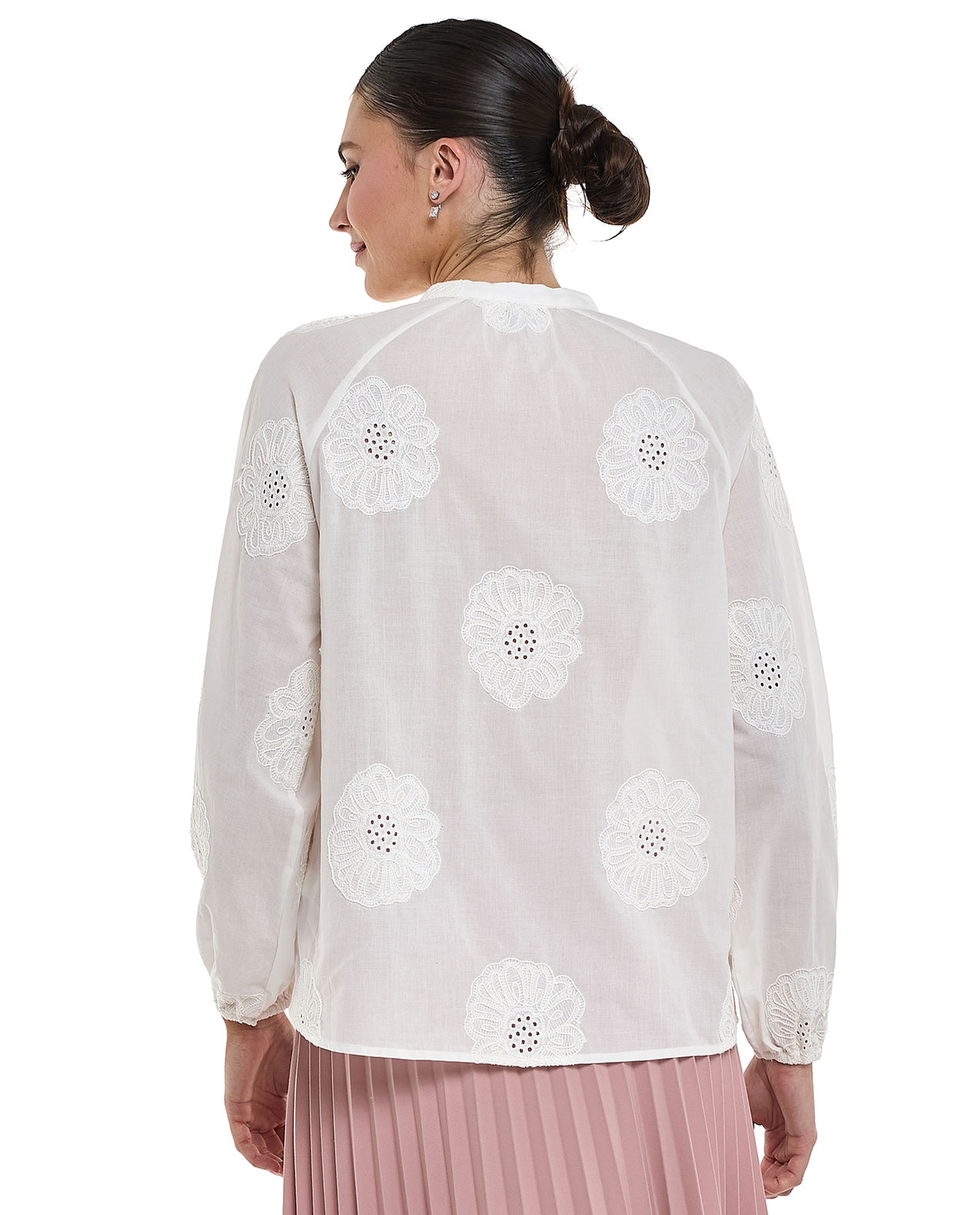 Embroidered Top with Tie-Up Neck and Long Sleeves