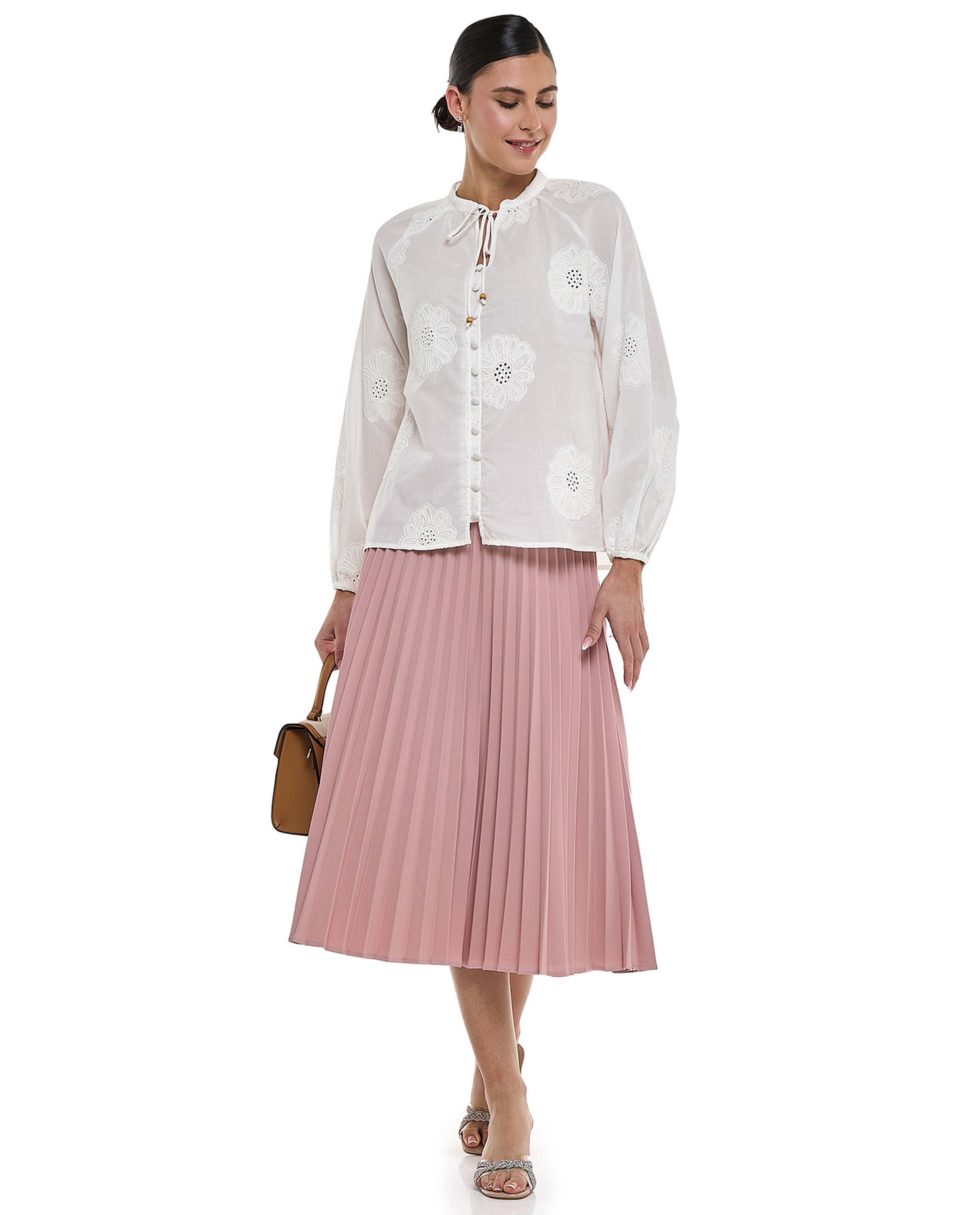 Embroidered Top with Tie-Up Neck and Long Sleeves