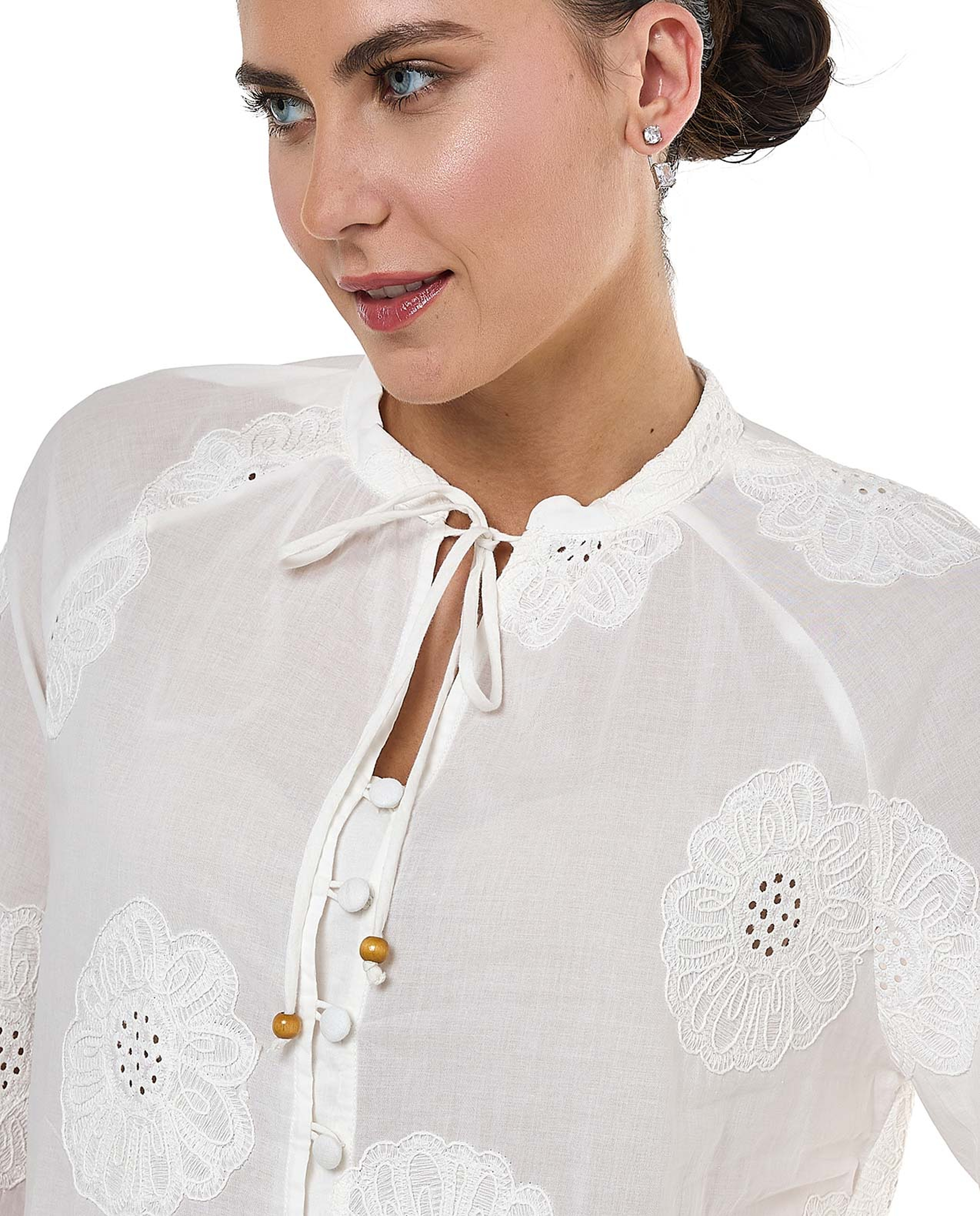 Embroidered Top with Tie-Up Neck and Long Sleeves