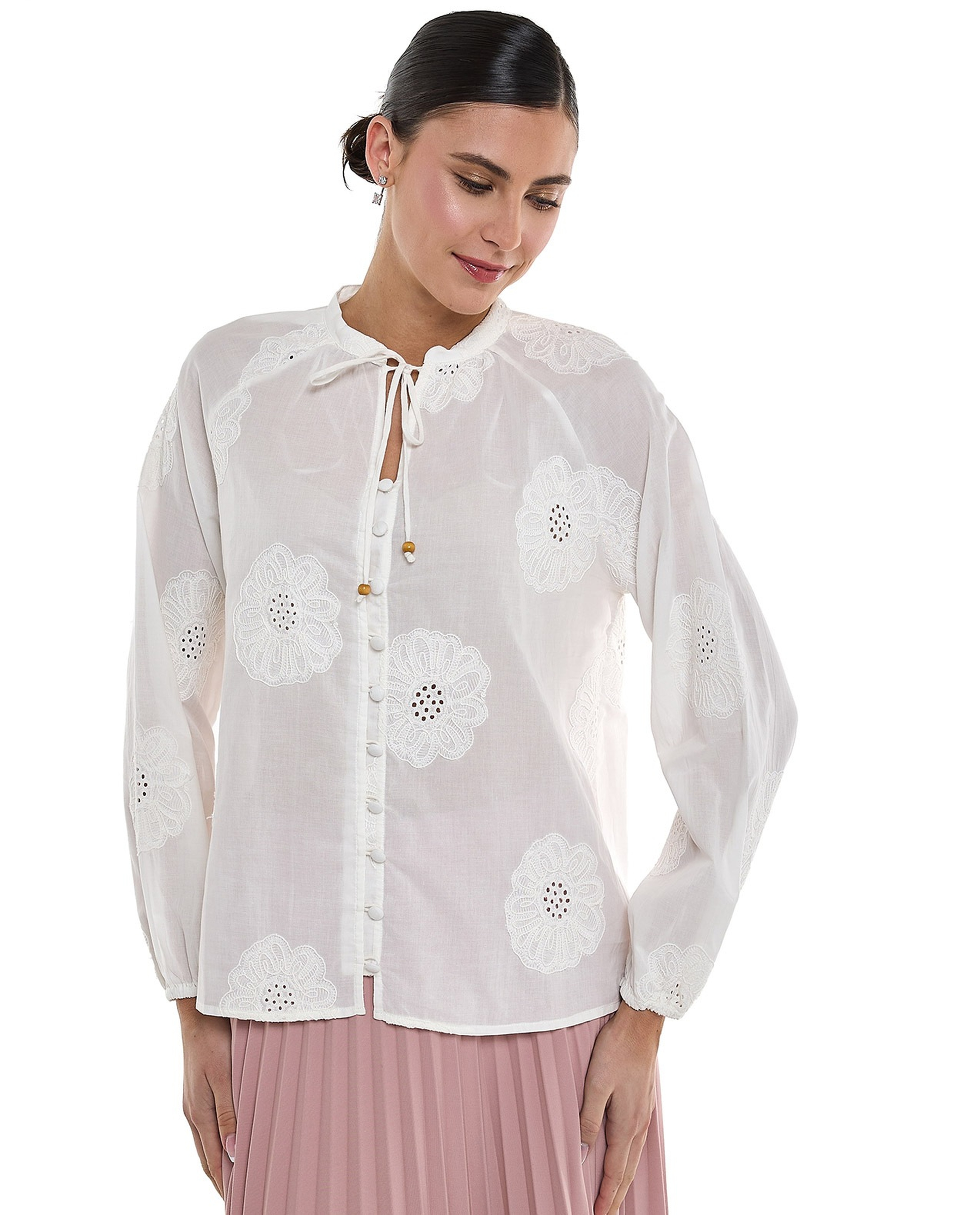 Embroidered Top with Tie-Up Neck and Long Sleeves