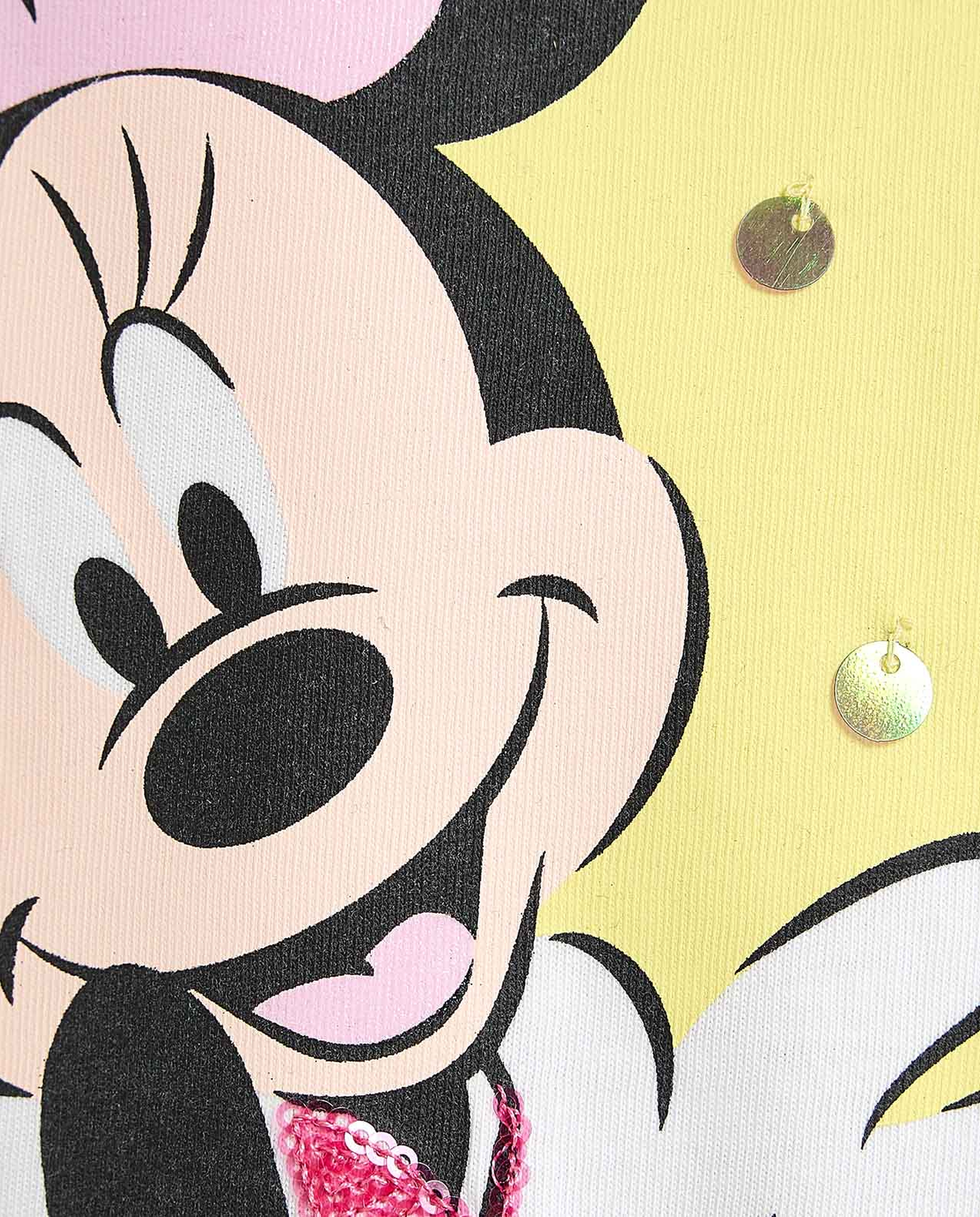 Minnie Mouse Printed Fringed T-Shirt with Crew Neck and Short Sleeves