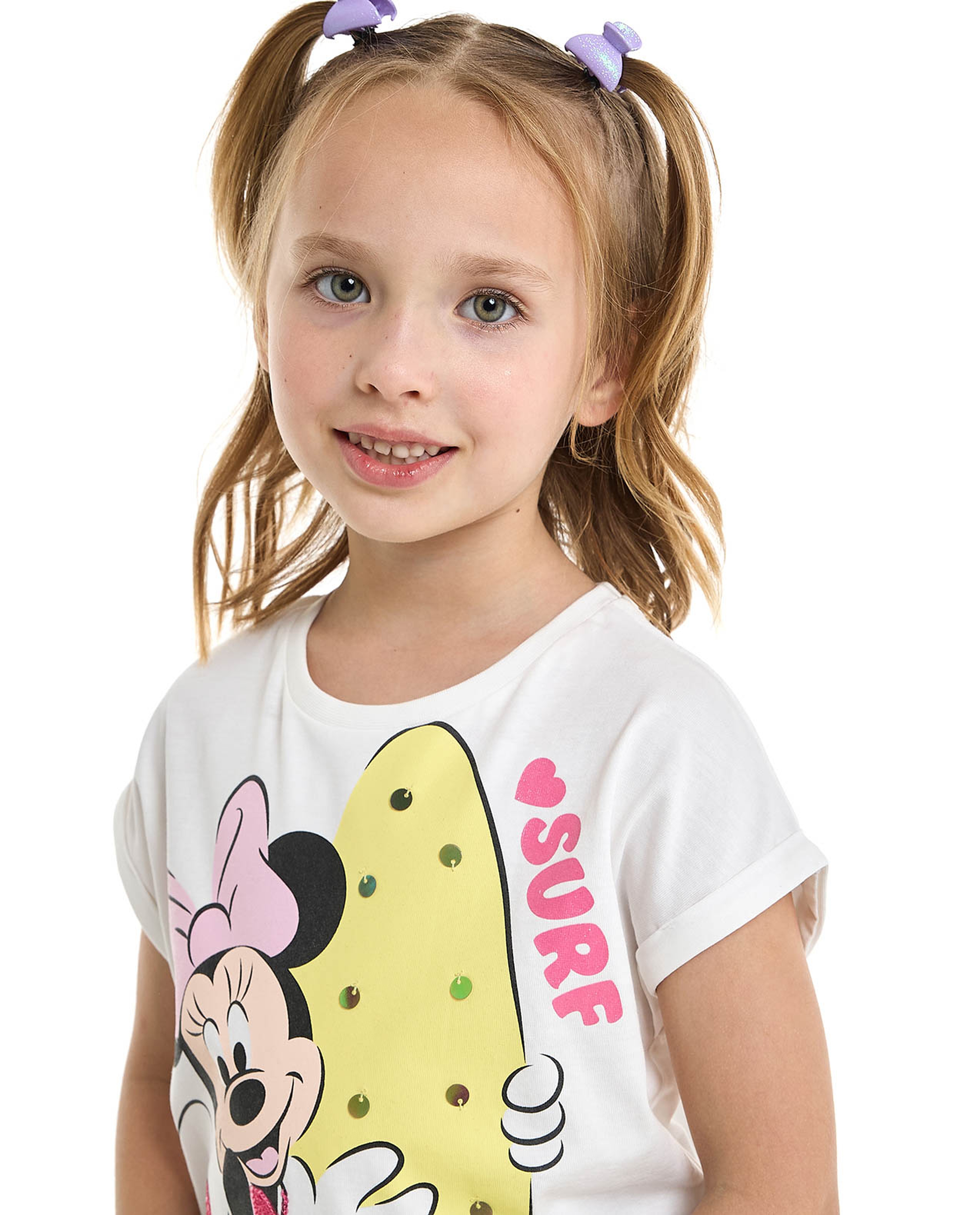 Minnie Mouse Printed Fringed T-Shirt with Crew Neck and Short Sleeves