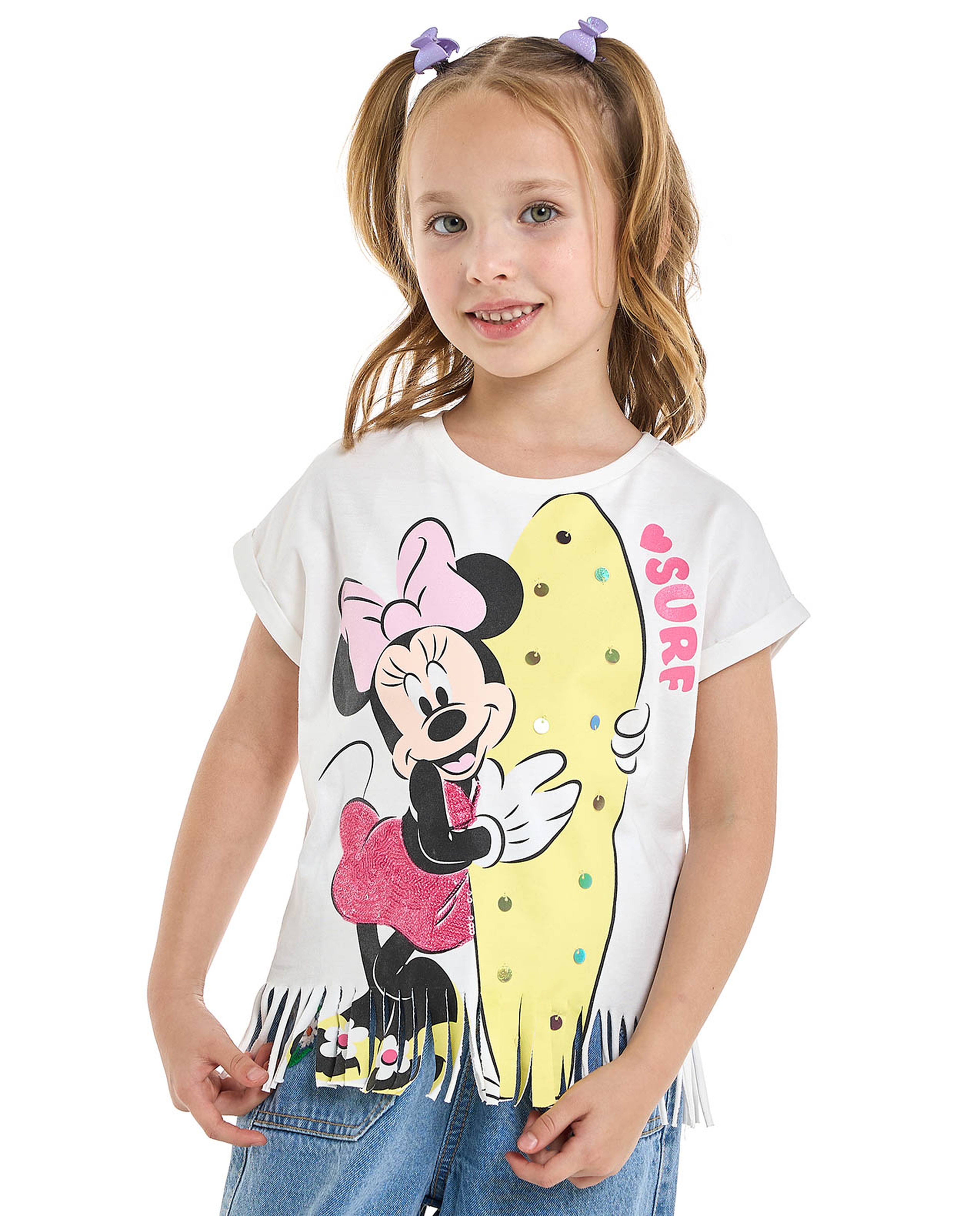 Minnie Mouse Printed Fringed T-Shirt with Crew Neck and Short Sleeves
