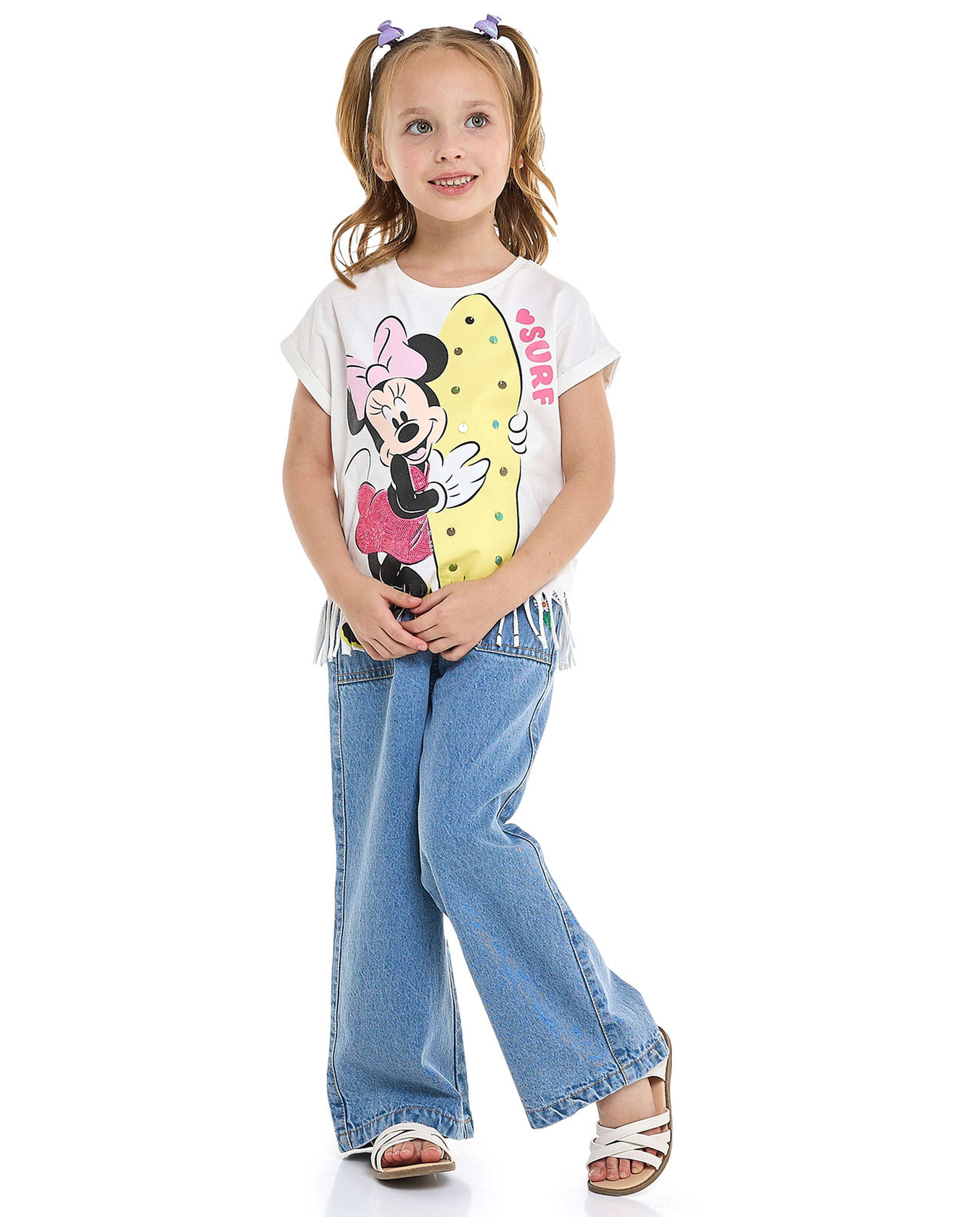Minnie Mouse Printed Fringed T-Shirt with Crew Neck and Short Sleeves