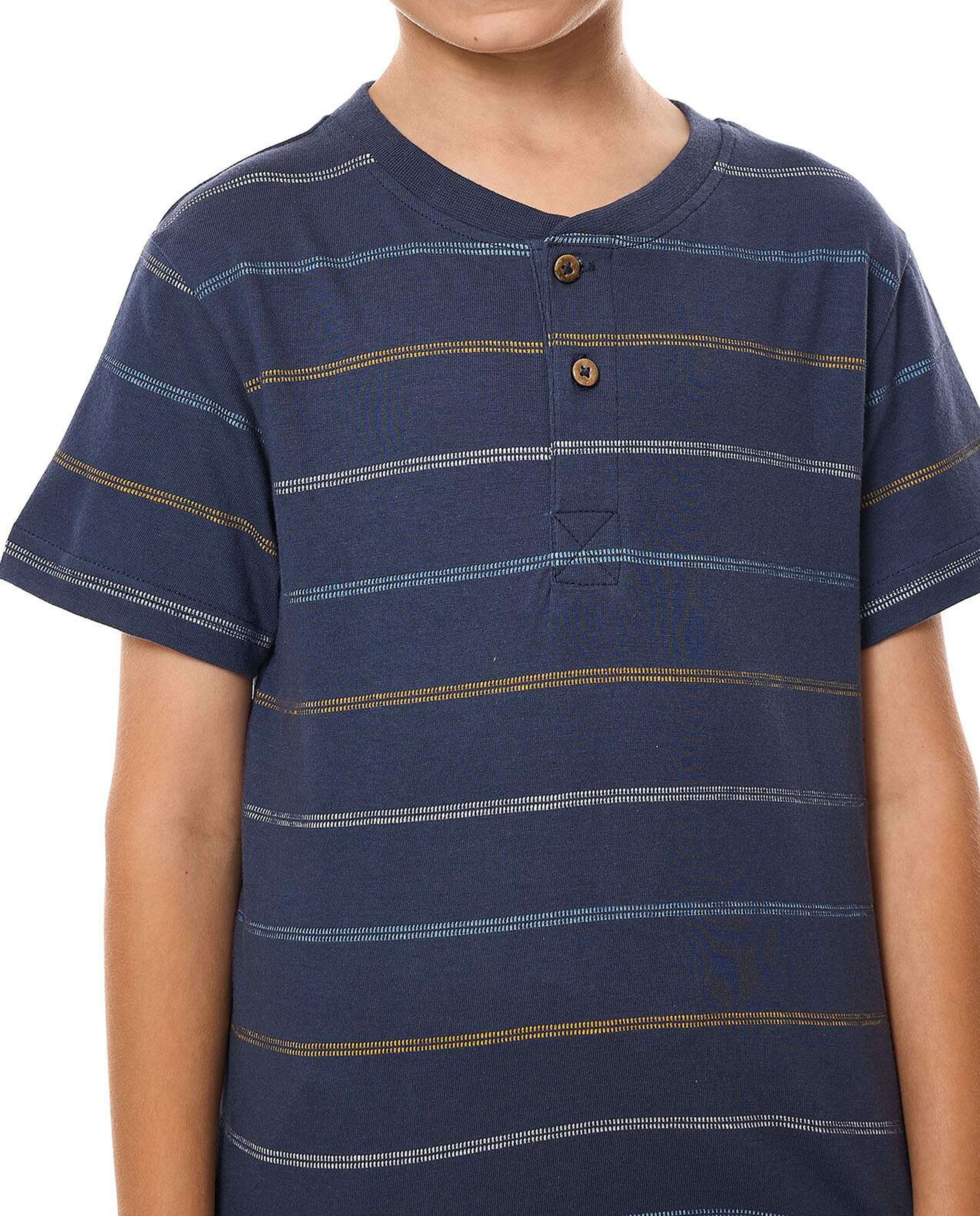 Striped T-Shirt with Henley Neck and Short Sleeves