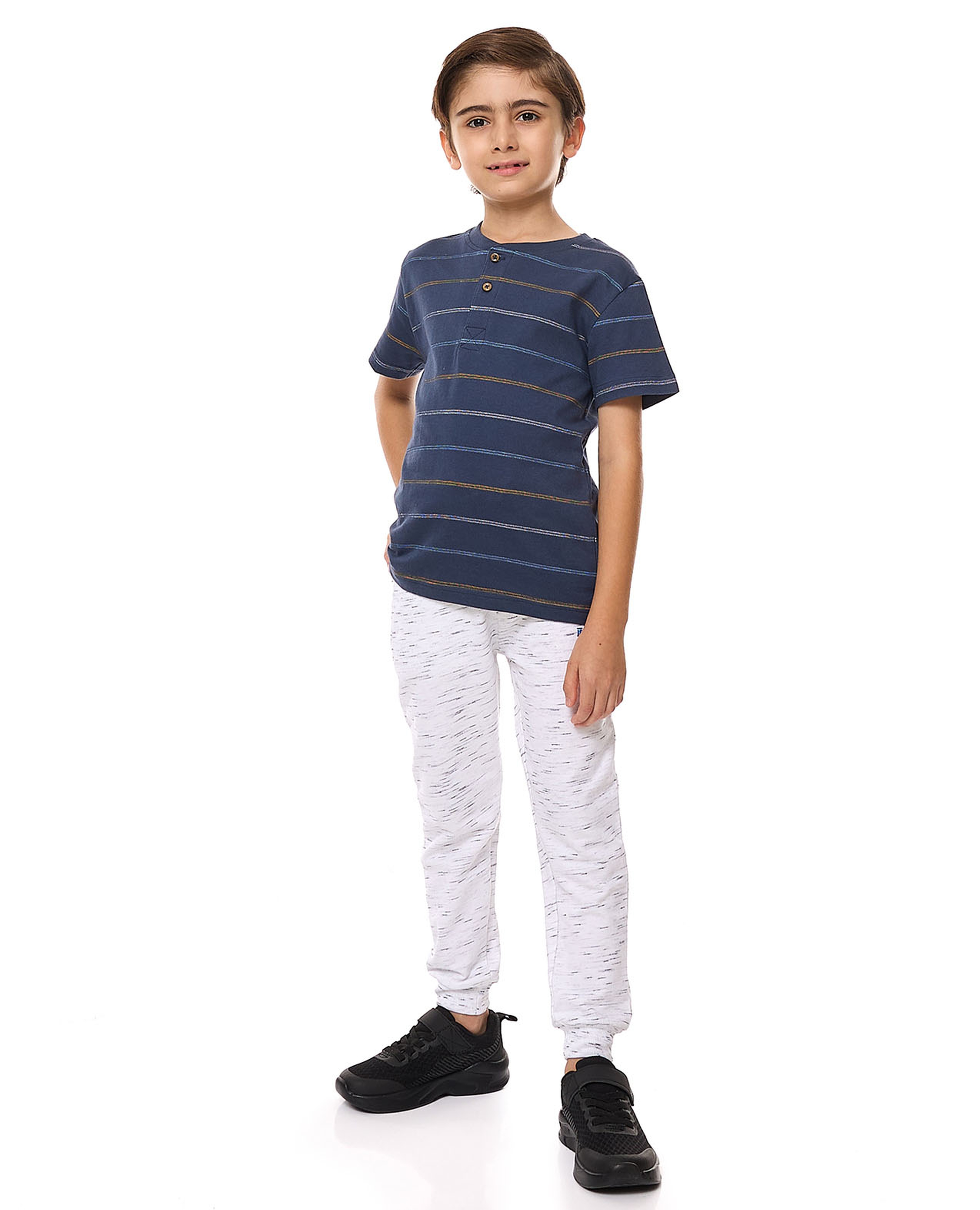 Striped T-Shirt with Henley Neck and Short Sleeves