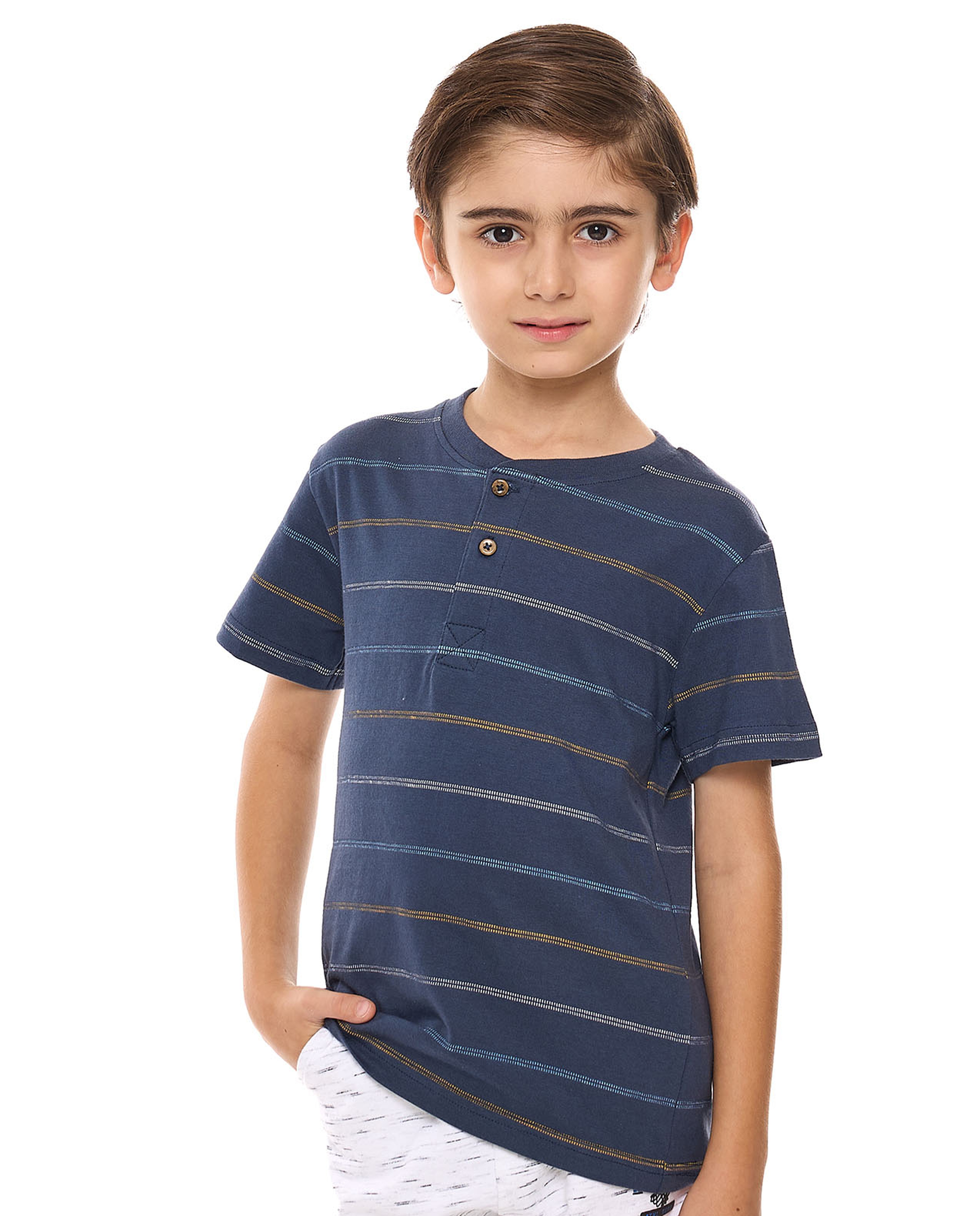 Striped T-Shirt with Henley Neck and Short Sleeves