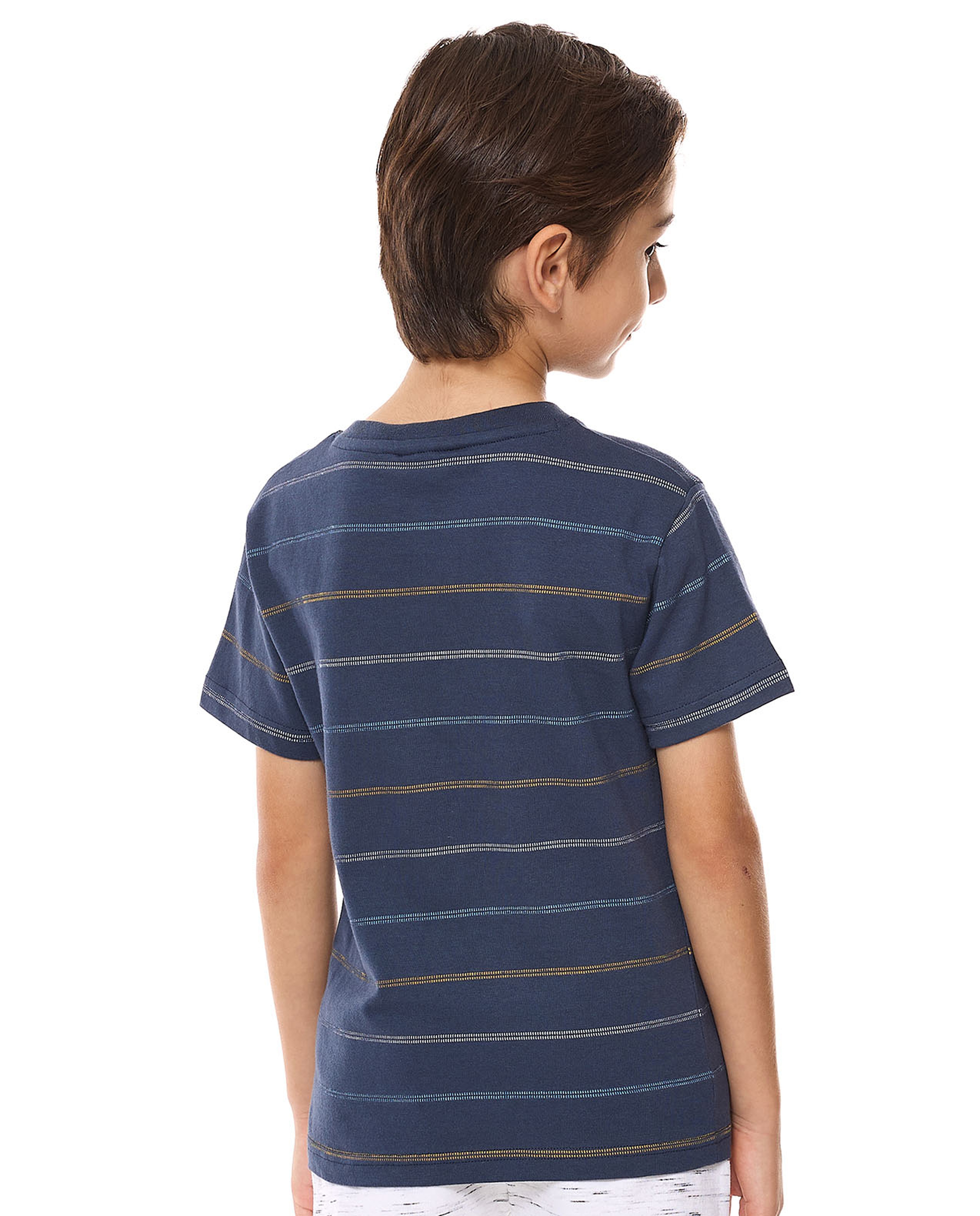 Striped T-Shirt with Henley Neck and Short Sleeves