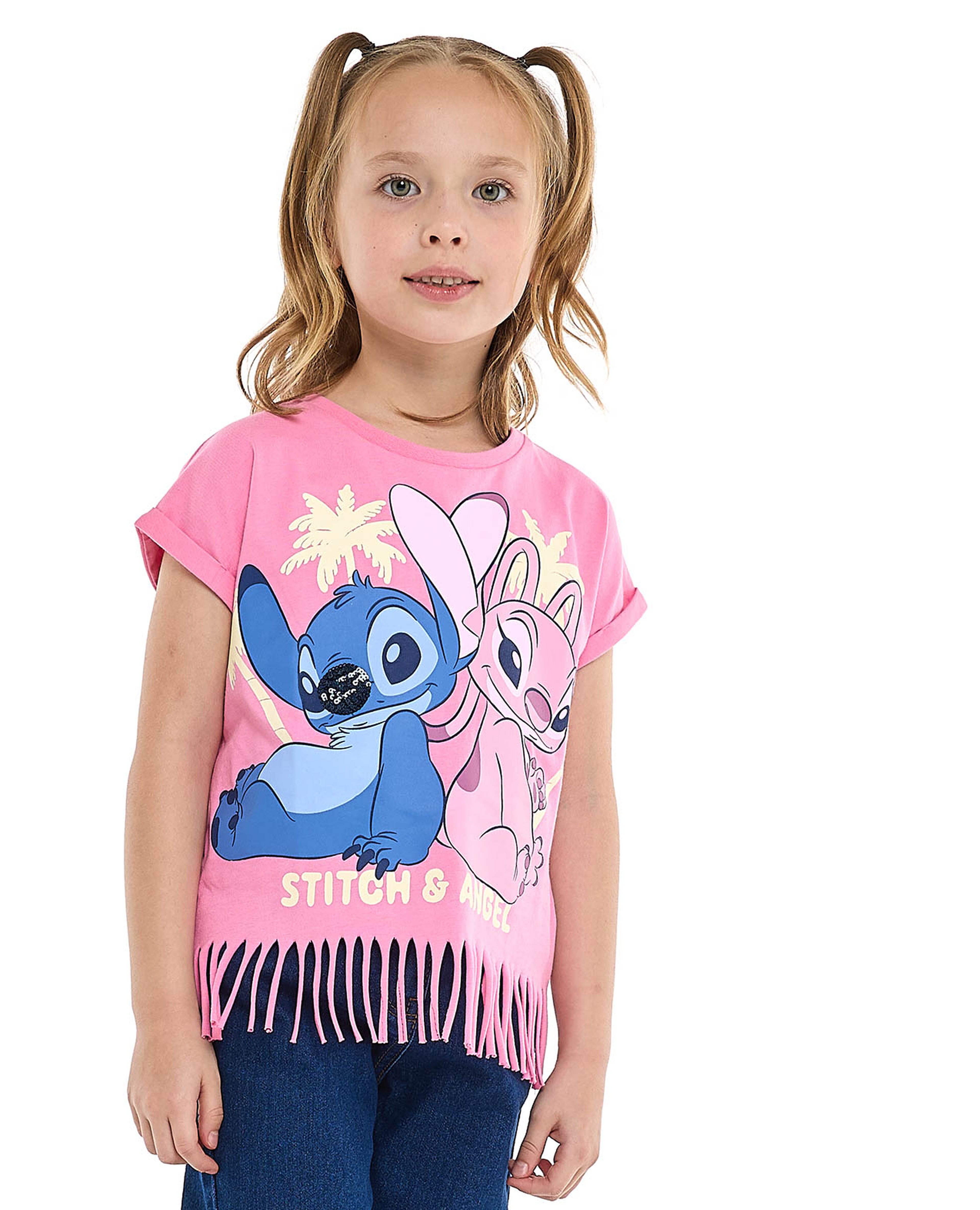 Stitch & Angel Printed Fringed T-Shirt with Crew Neck and Short Sleeves