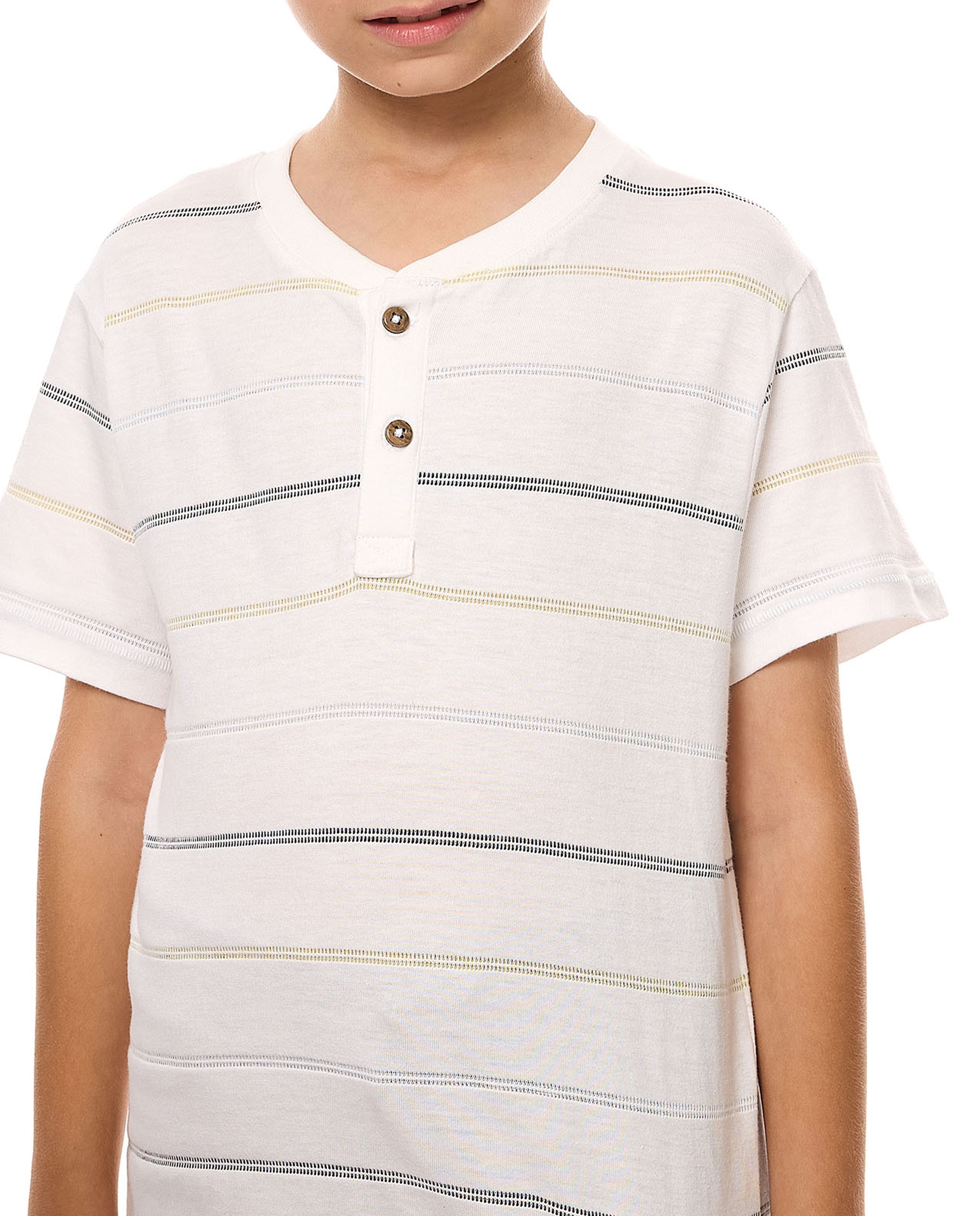 Striped T-Shirt with Henley Neck and Short Sleeves