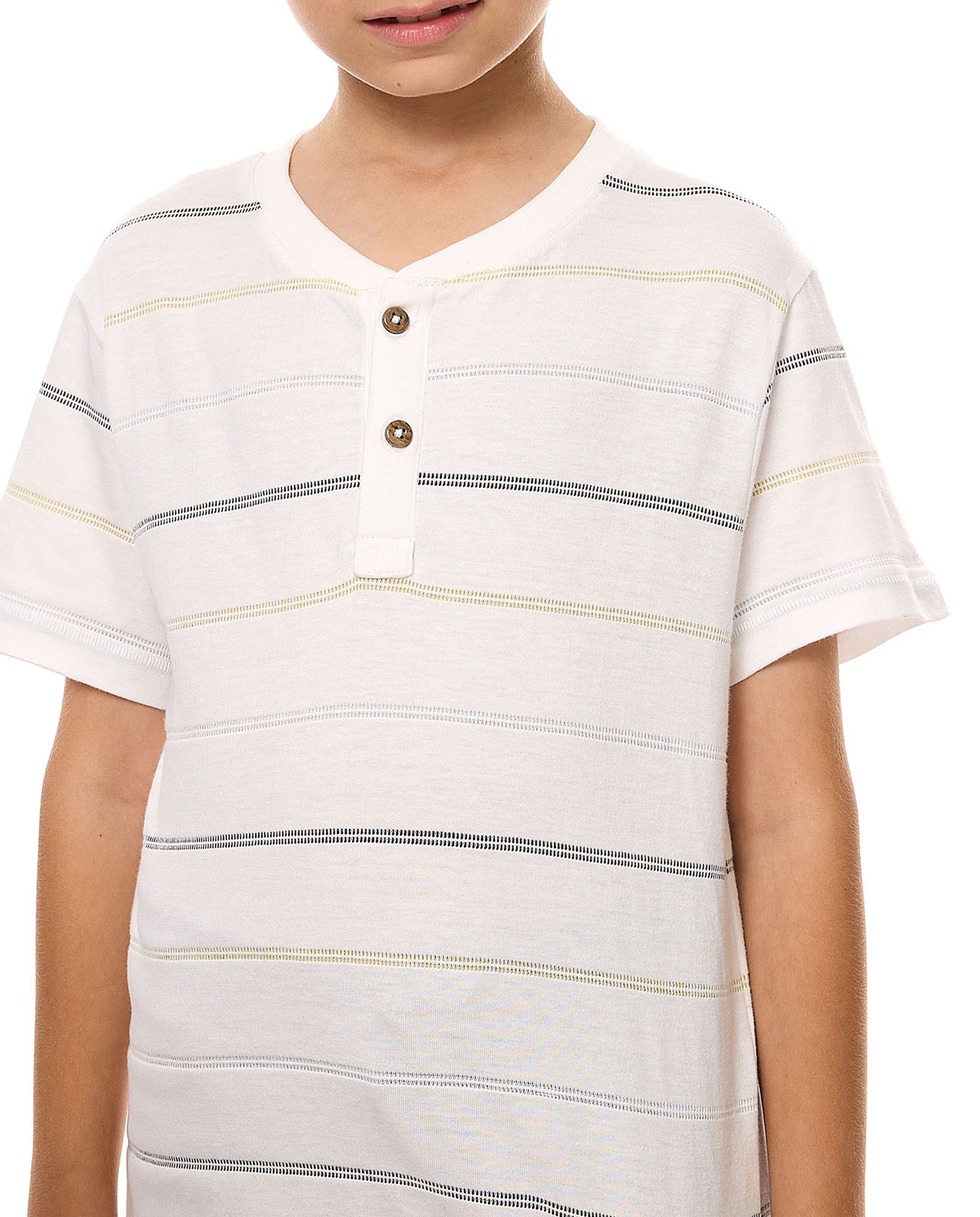 Striped T-Shirt with Henley Neck and Short Sleeves