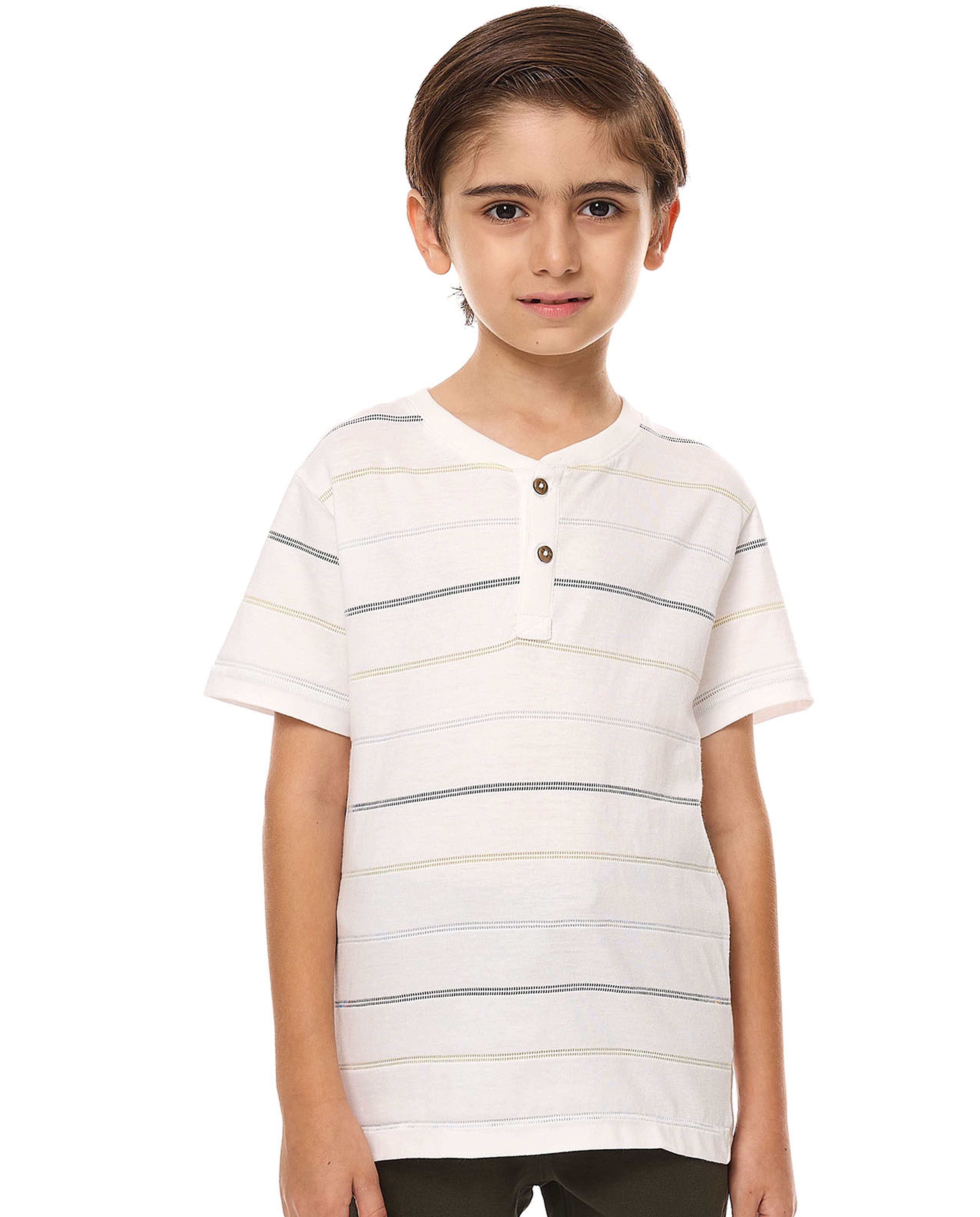 Striped T-Shirt with Henley Neck and Short Sleeves