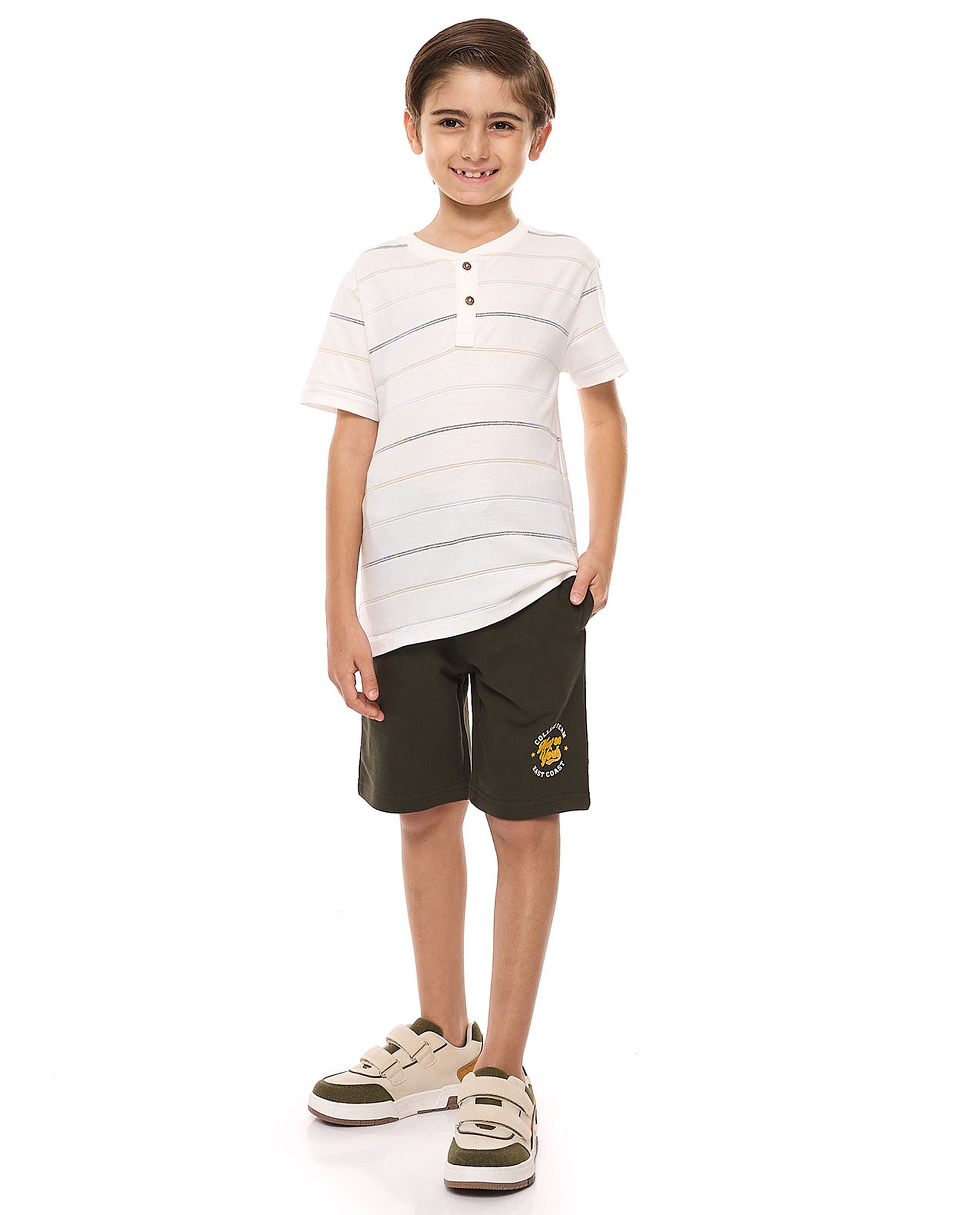 Striped T-Shirt with Henley Neck and Short Sleeves