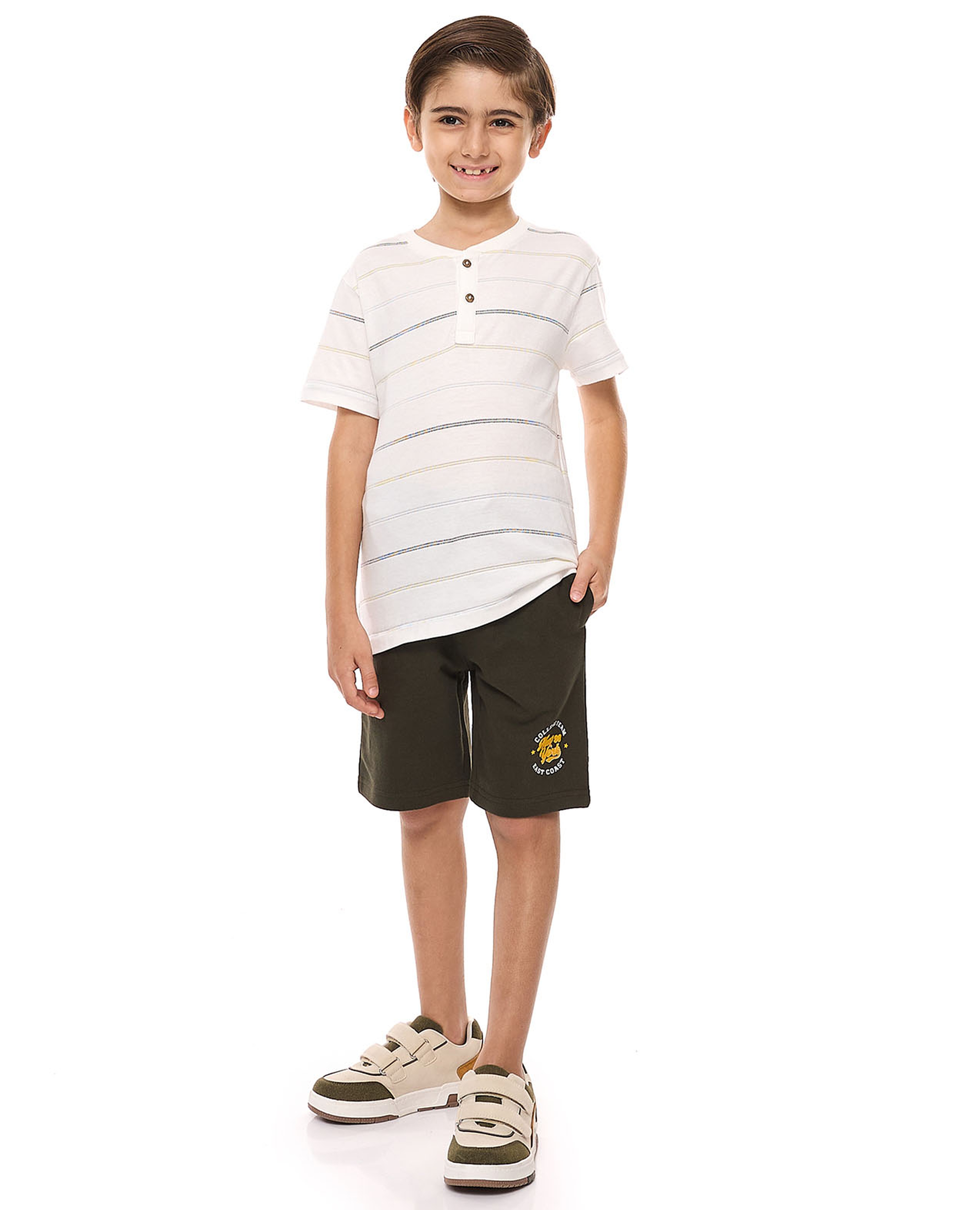 Striped T-Shirt with Henley Neck and Short Sleeves