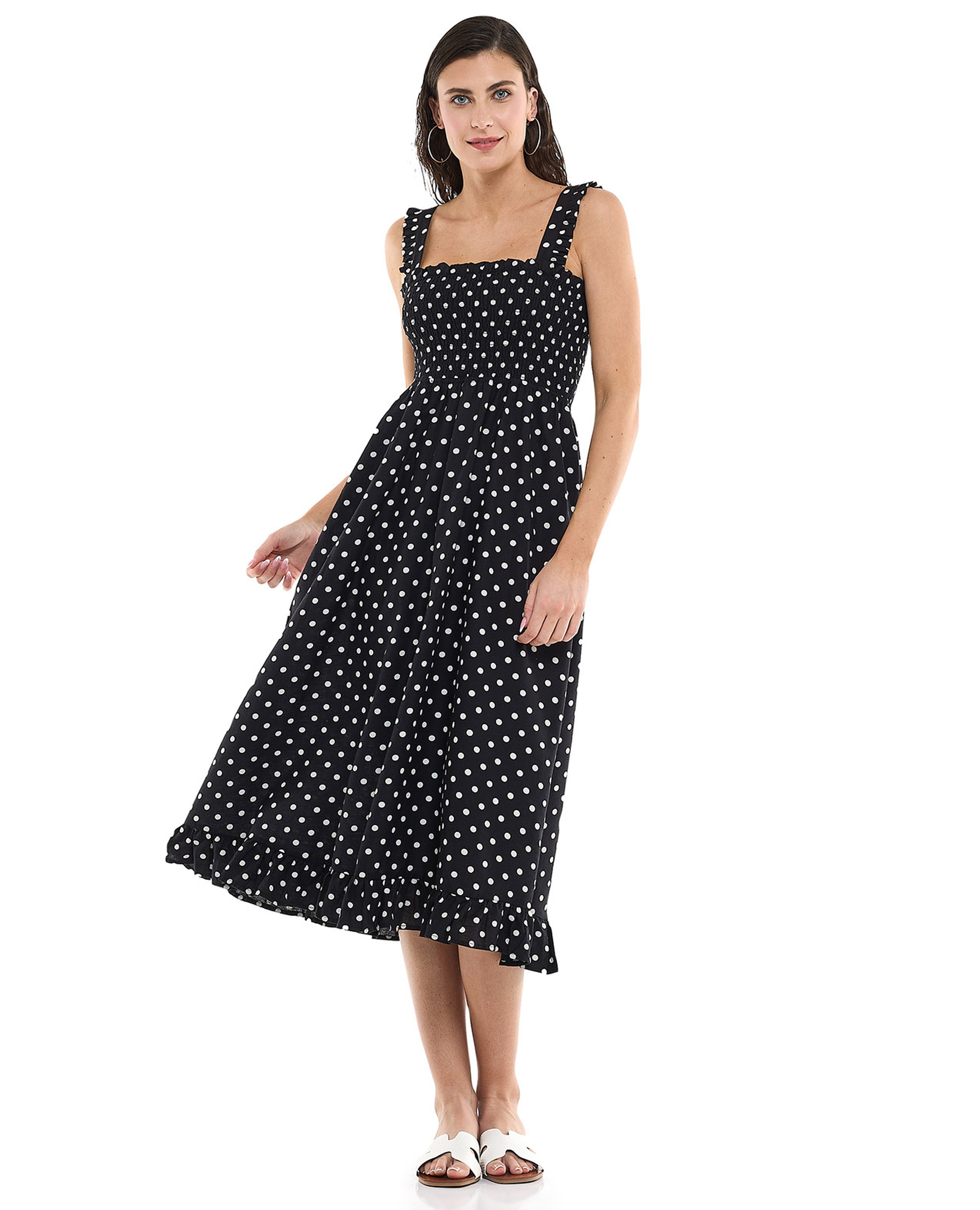 فستا منقط بحمالات رفيعة وياقة مربعة