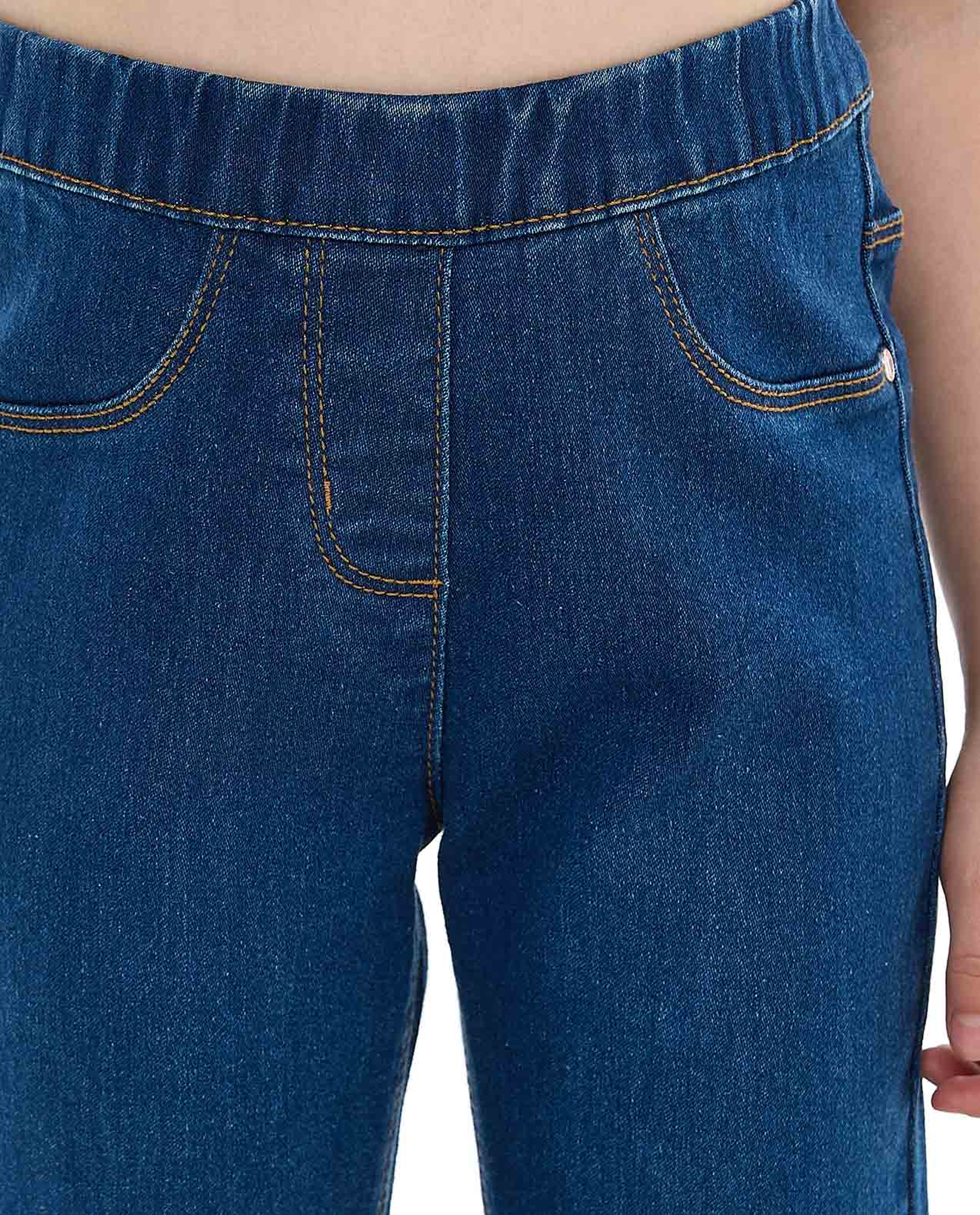 Washed Skinny Fit Jeggings with Elastic Waist