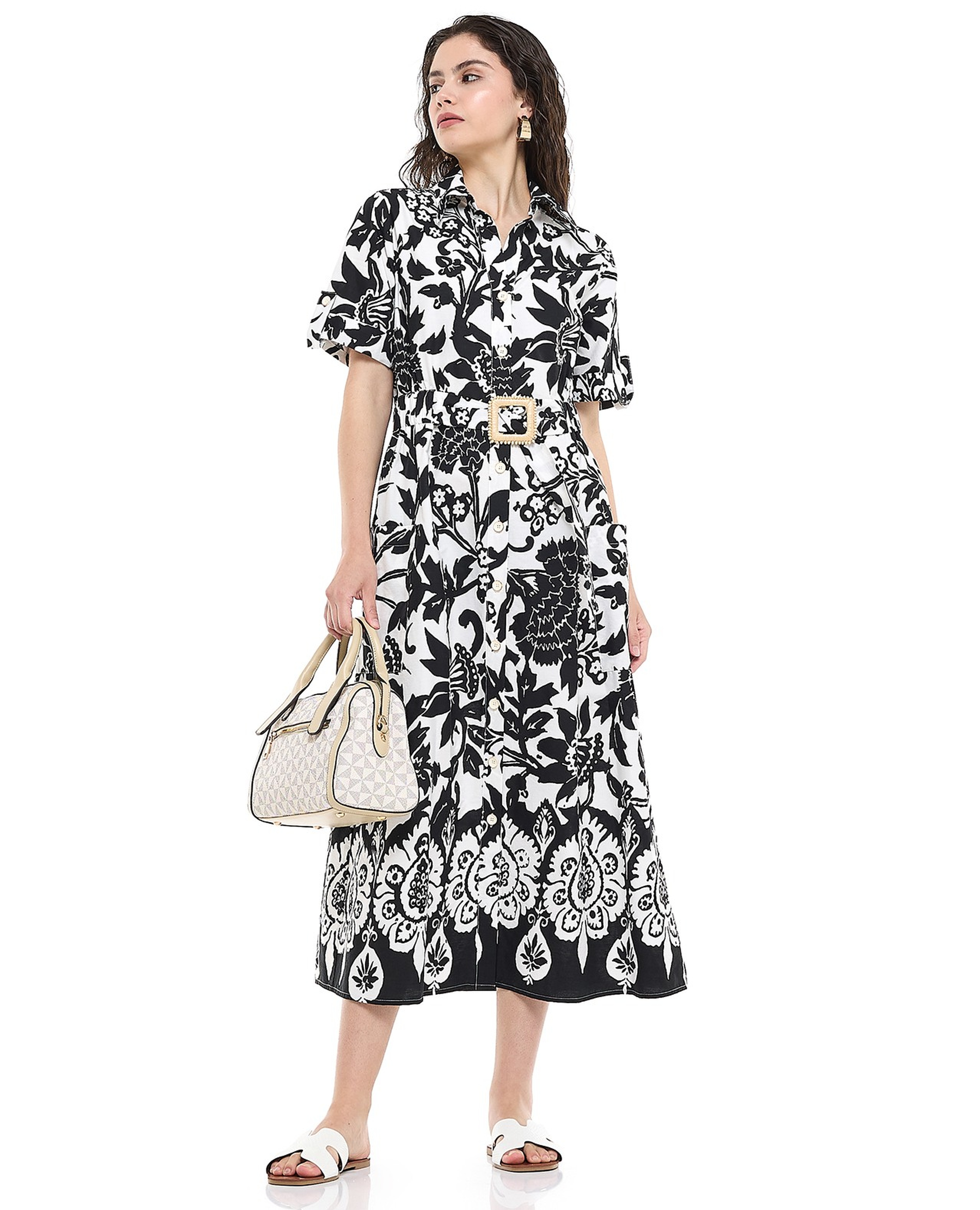 Patterned Shirt Dress with Classic Collar and Short Sleeves