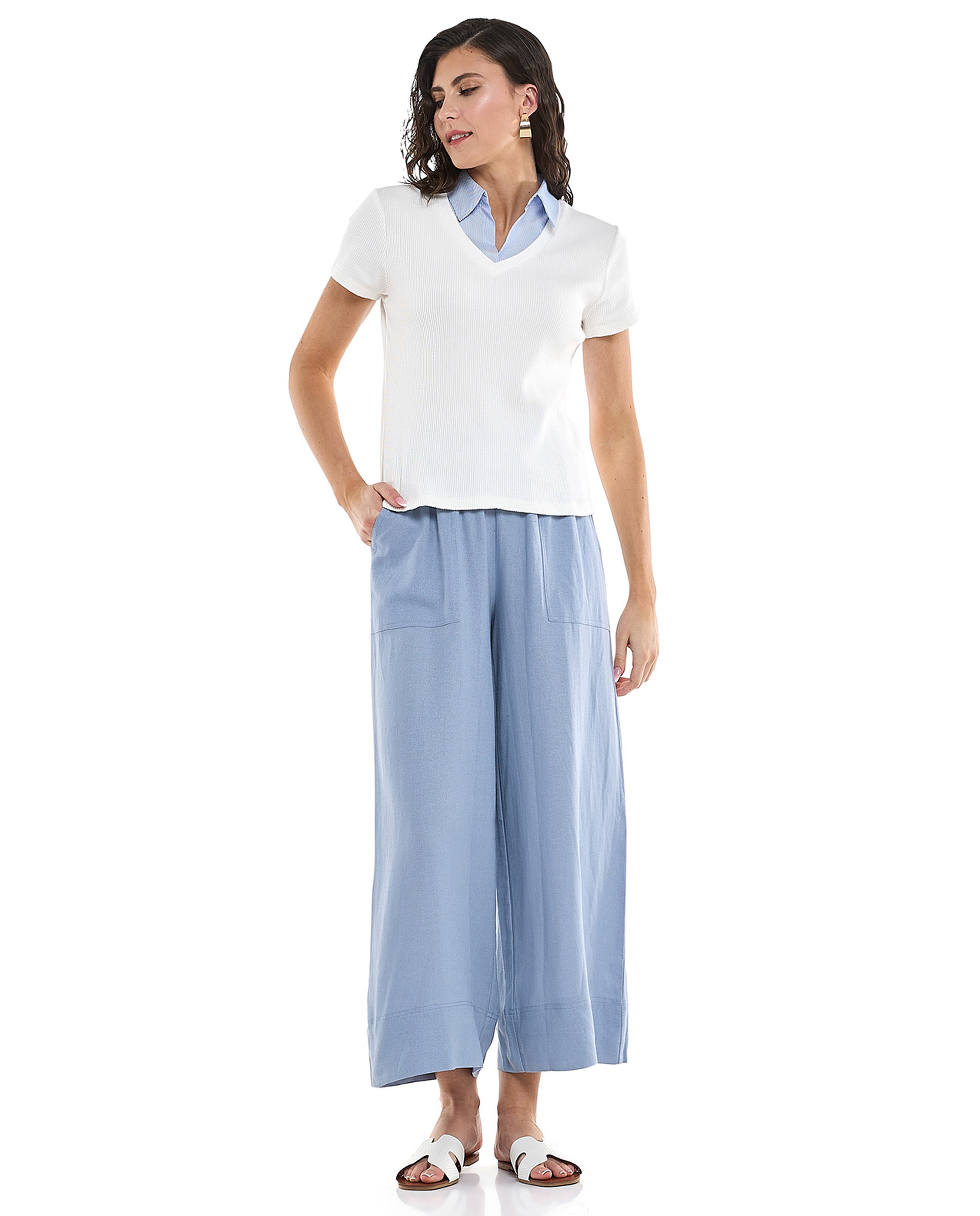 Ribbed Shirt Style Top with Classic Collar and Short Sleeves