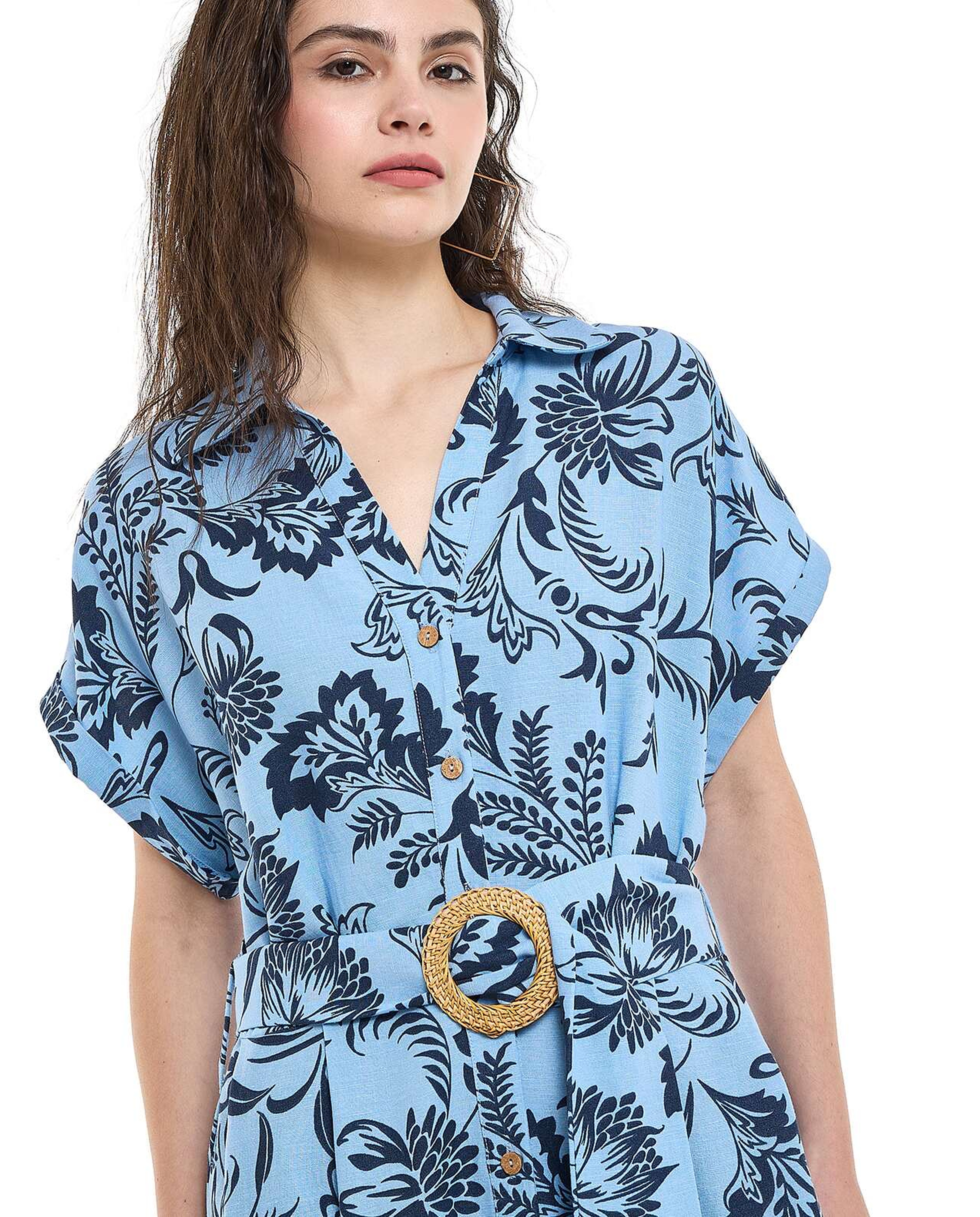 Patterned Shirt Dress with Classic Collar and Short Sleeves