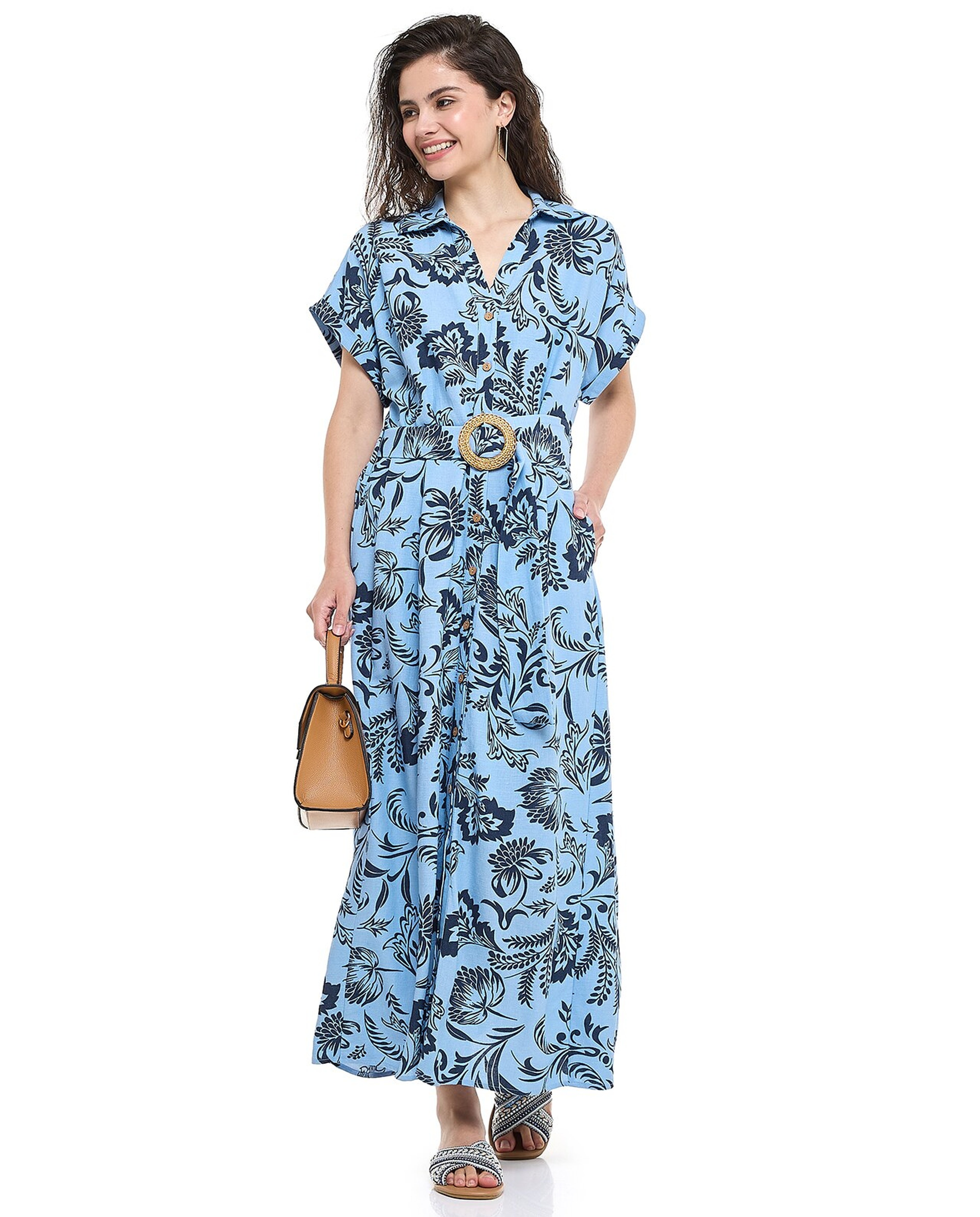 Patterned Shirt Dress with Classic Collar and Short Sleeves
