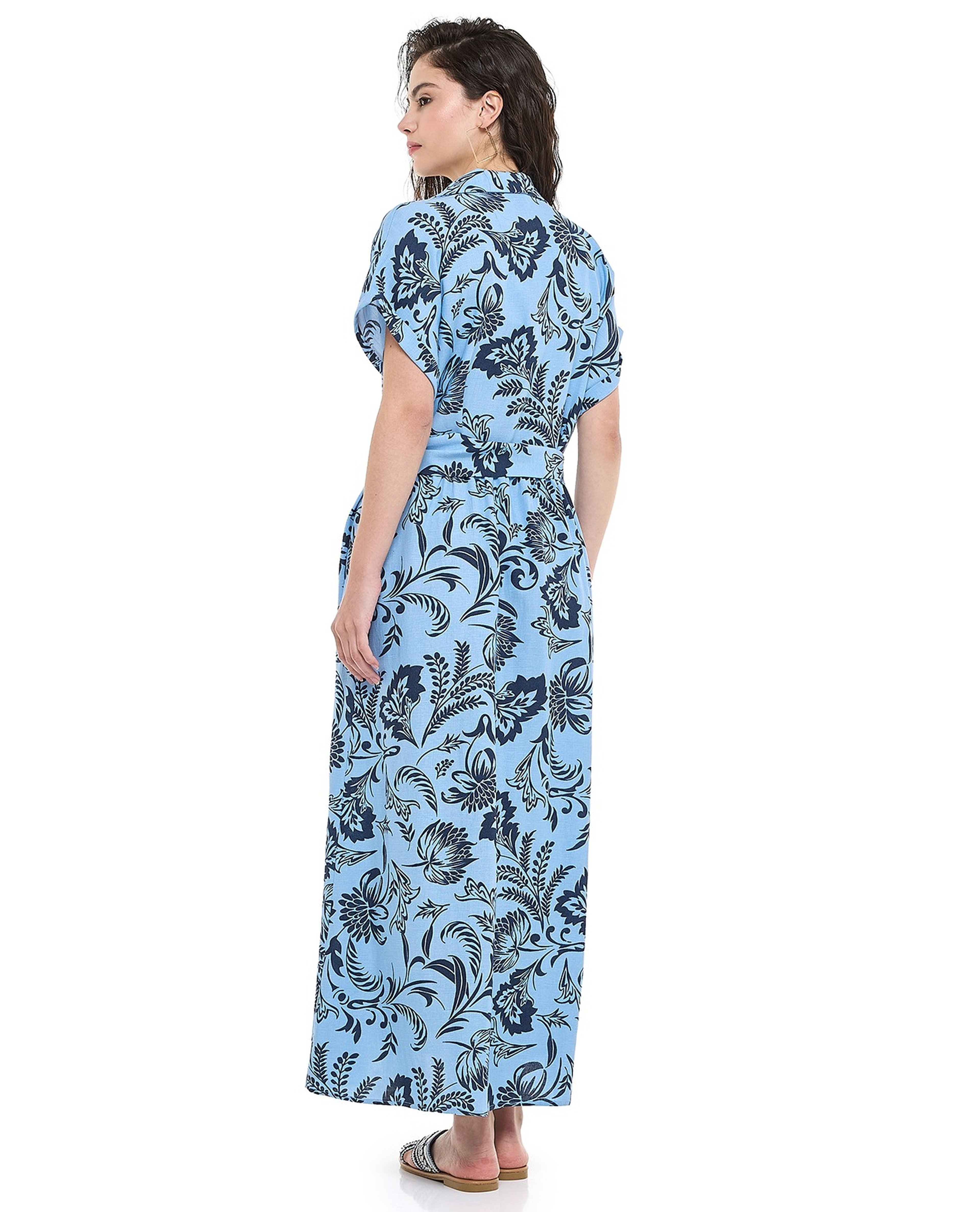 Patterned Shirt Dress with Classic Collar and Short Sleeves