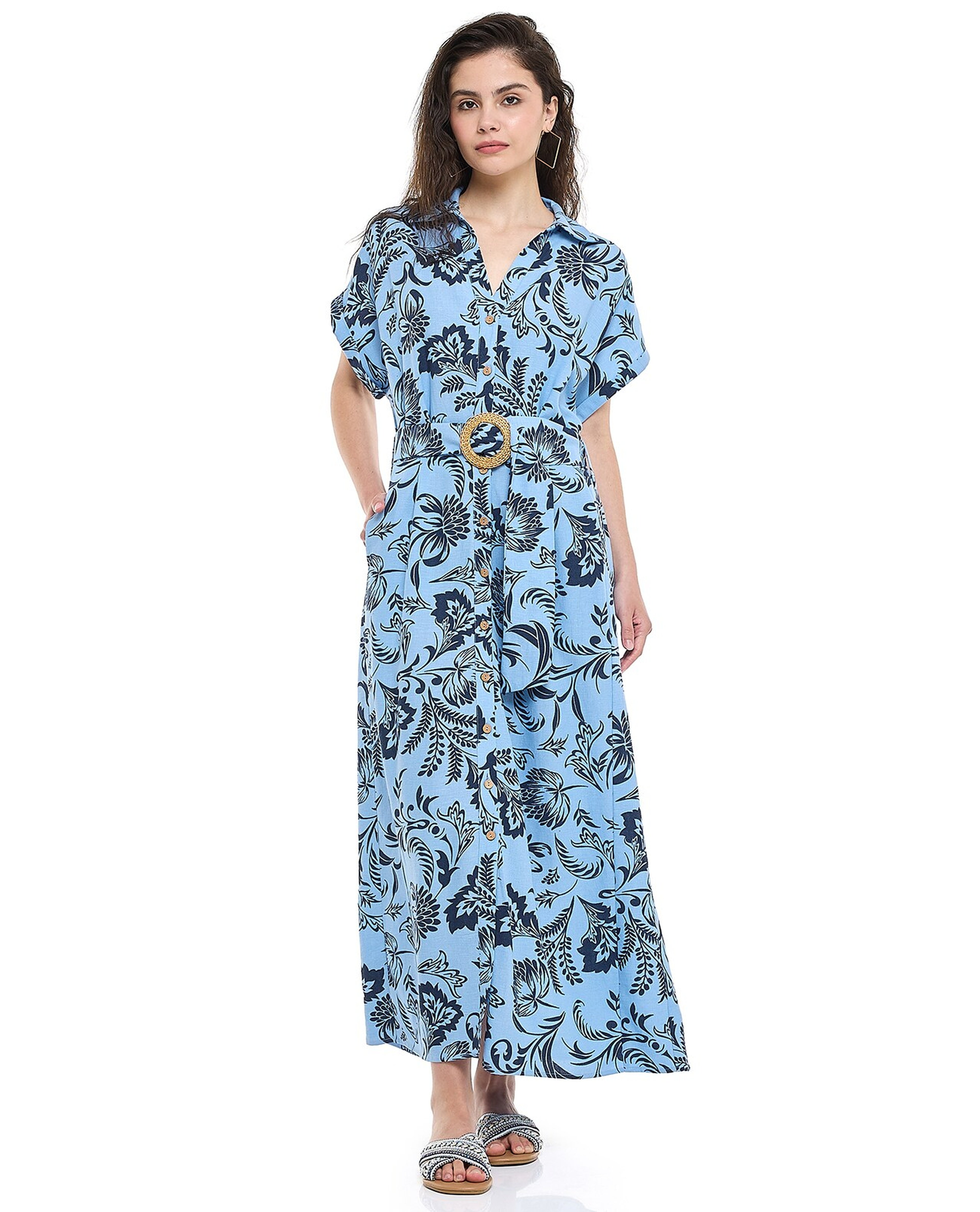 Patterned Shirt Dress with Classic Collar and Short Sleeves