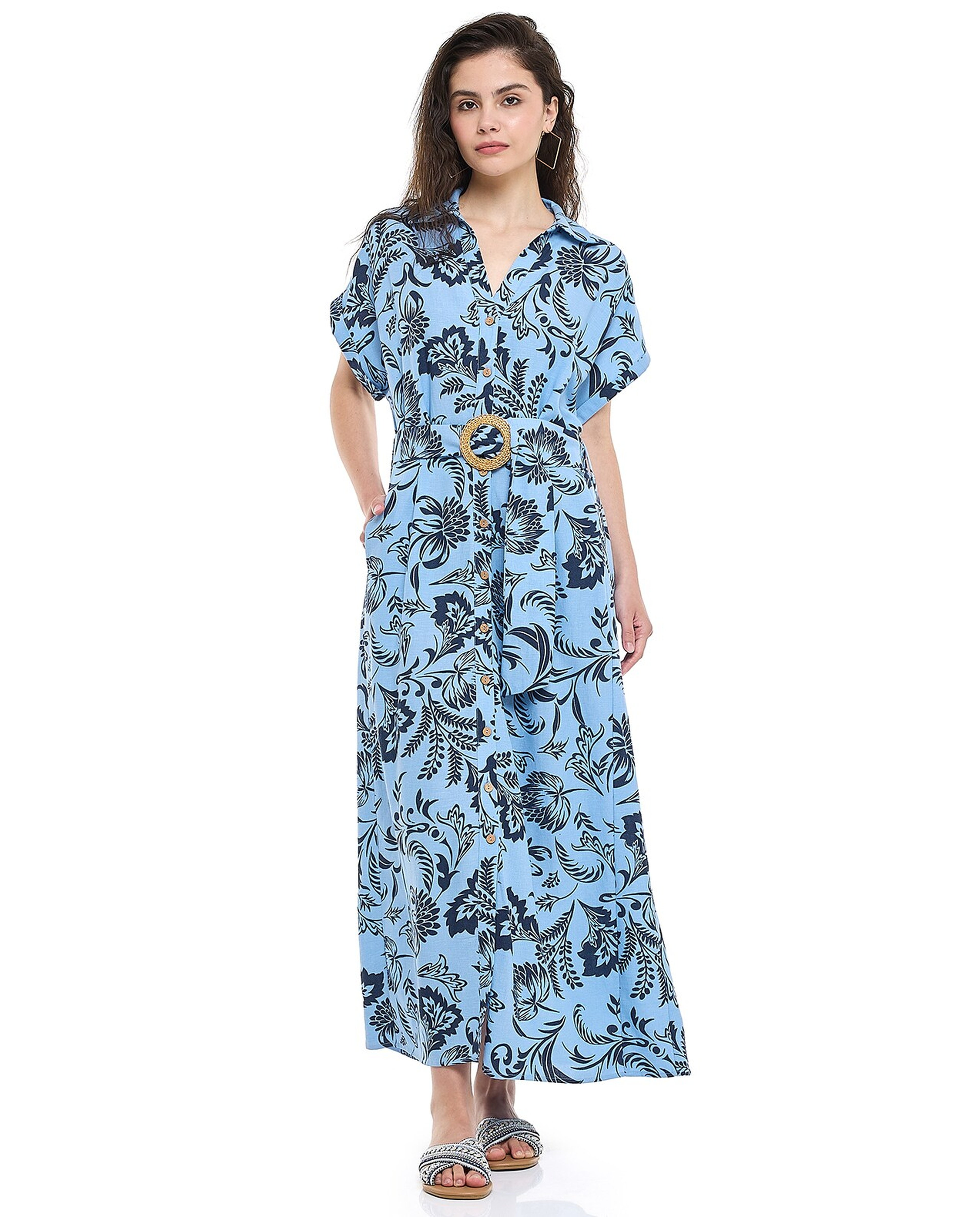 Patterned Shirt Dress with Classic Collar and Short Sleeves