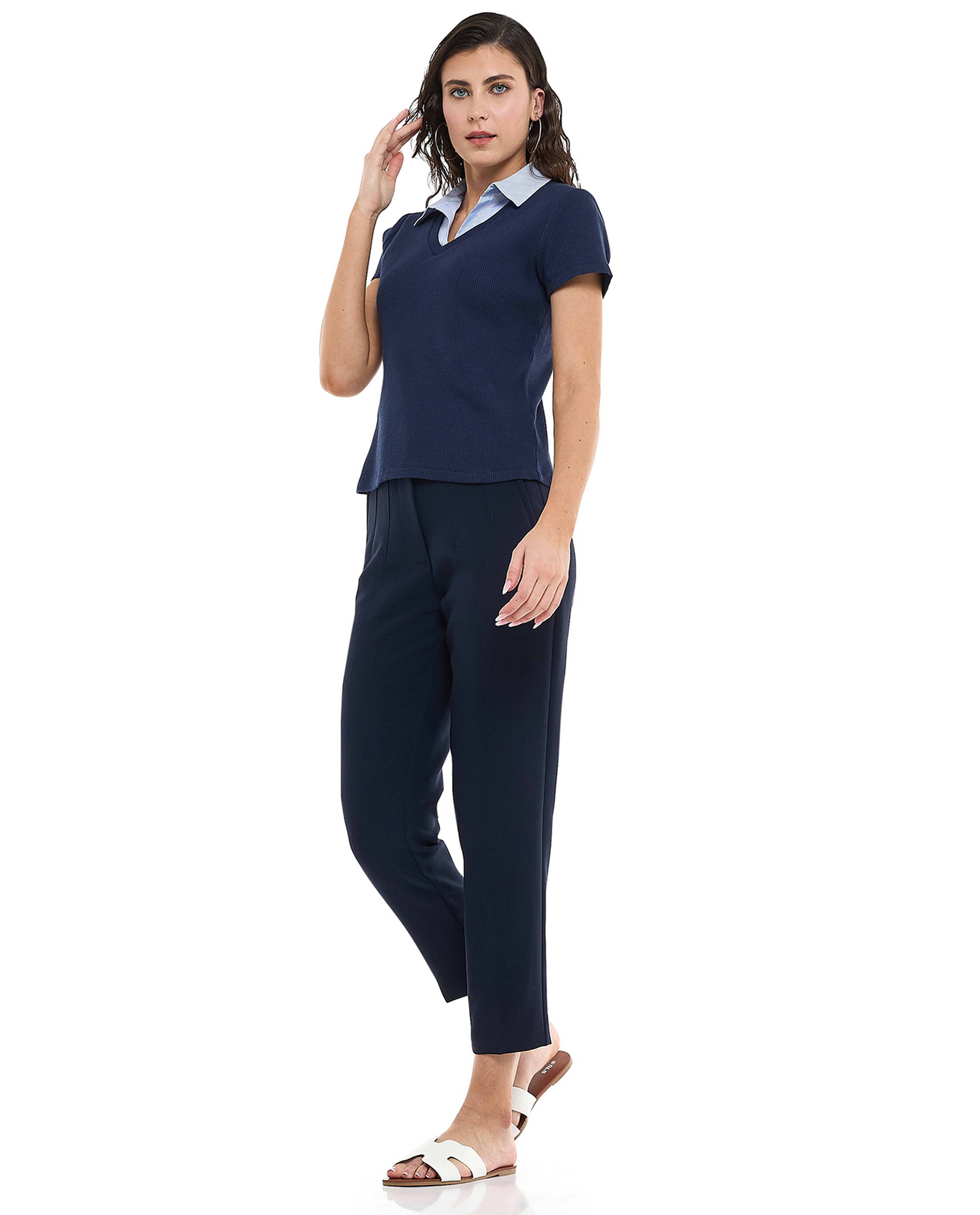 Ribbed Shirt Style Top with Classic Collar and Short Sleeves