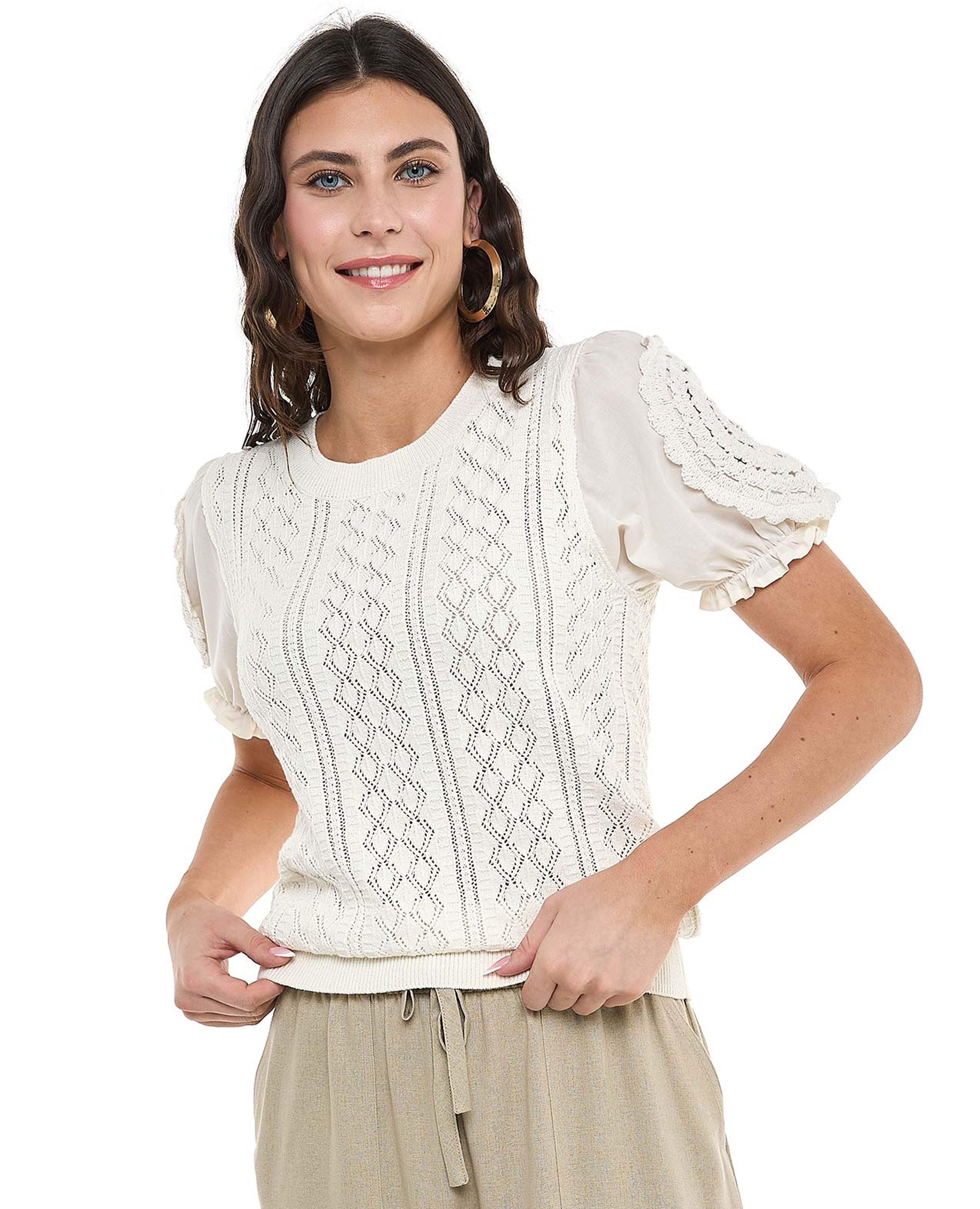 Openwork Top with Crew Neck and Puff Sleeves